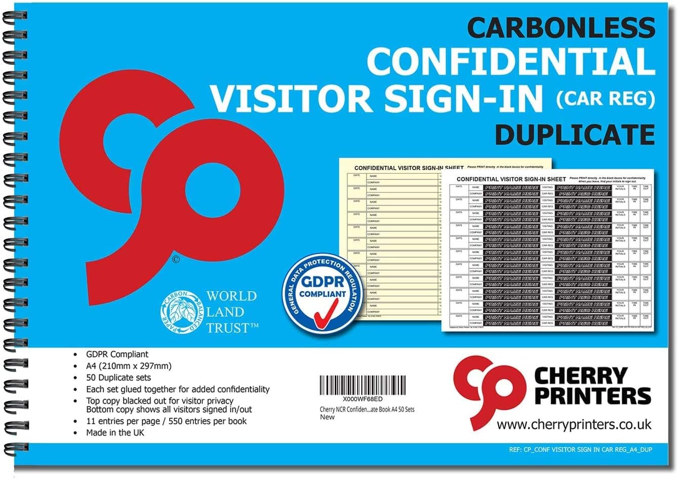 Cherry Carbonless NCR Confidential Visitor Zaloguj się (z rejestracją samochodu) Duplikat Wiro Book A4 50 zestawów 20