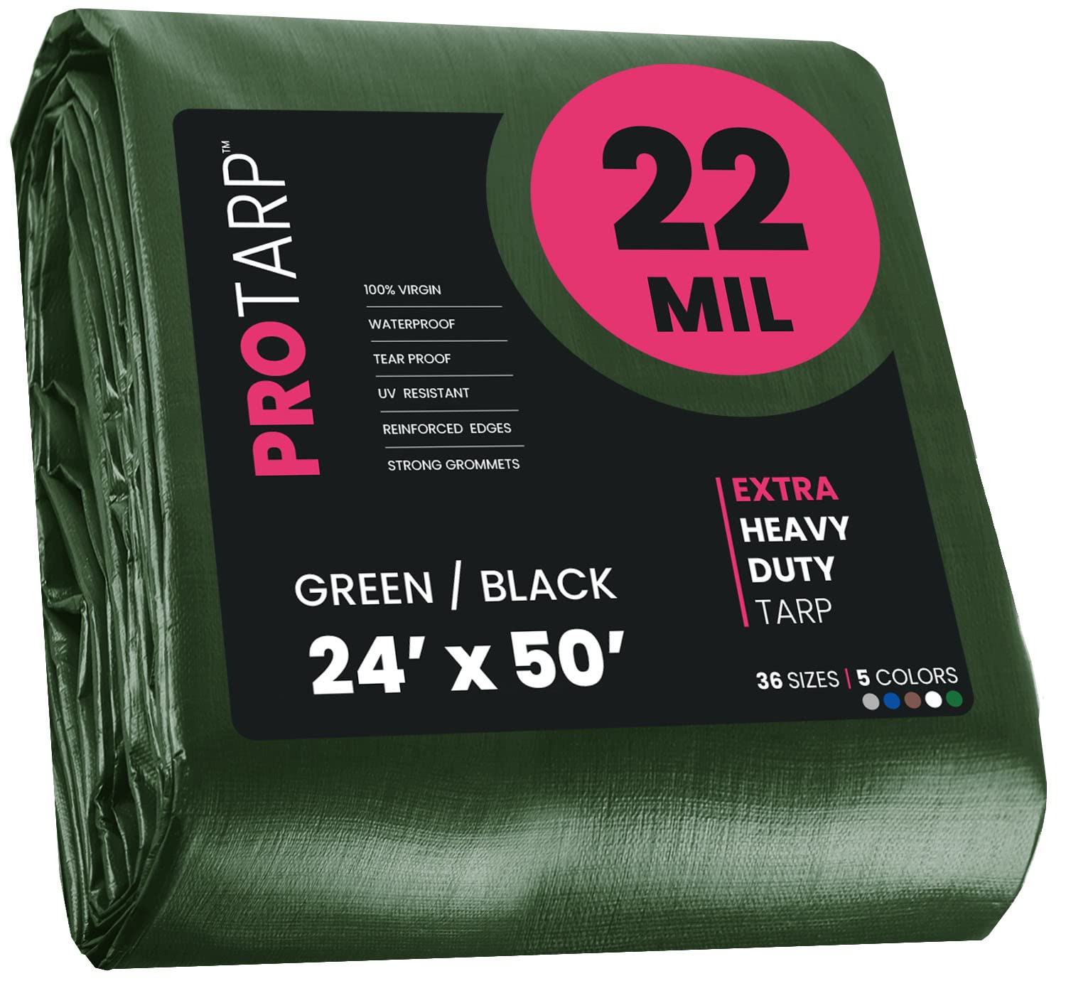 Extreme Heavy Duty 22 Mil Tarp Cover, Waterproof, UV Resistant, Rip and Tear Proof, Poly Tarpaulin with Reinforced Edges for Roof, Camping, Patio, Pool, Boat. (Green/Black 24′ X 50′)