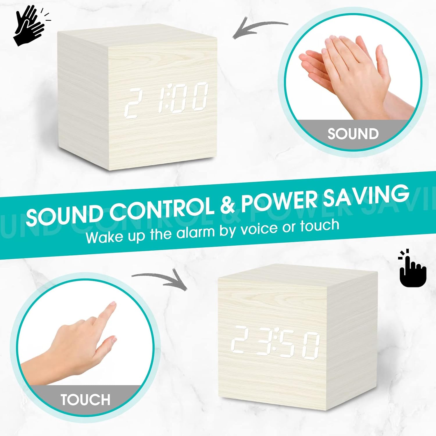 Images showing the sound control and power saving mode of the WulaWindy Mini Digital Alarm Clock, where the display can be activated by sound (clapping) or touch.