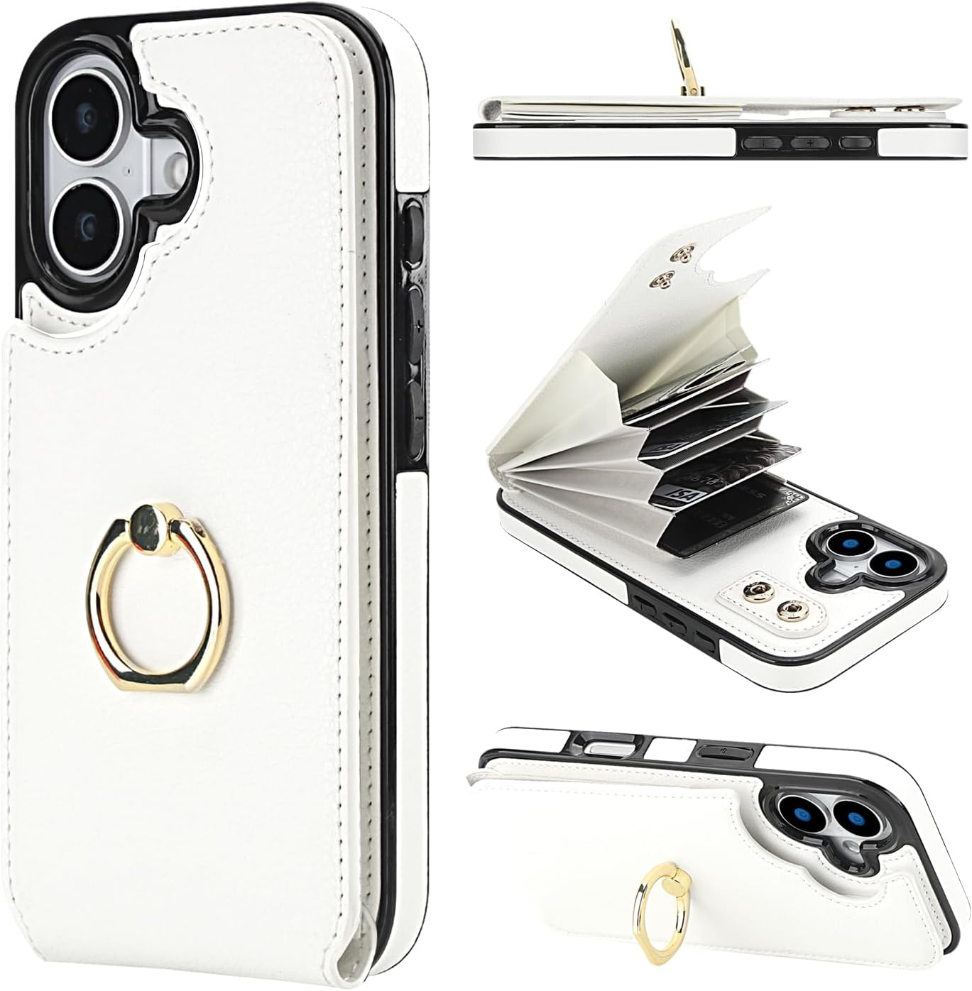 Folosu Compatible with iPhone 17 Case Wallet with Card Holder, 360°Rotation Finger Ring Holder Kickstand, RFID Blocking Leather Protective Double Buttons Shockproof Cover 6.3 Inch White