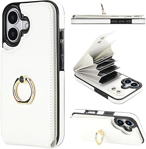 Miniatura 13 de Folosu Funda Cartera compatible con iPhone 17 con tarjetero, rotación de 360°, soporte de anillo de dedo con función atril, bloqueo RFID, de piel