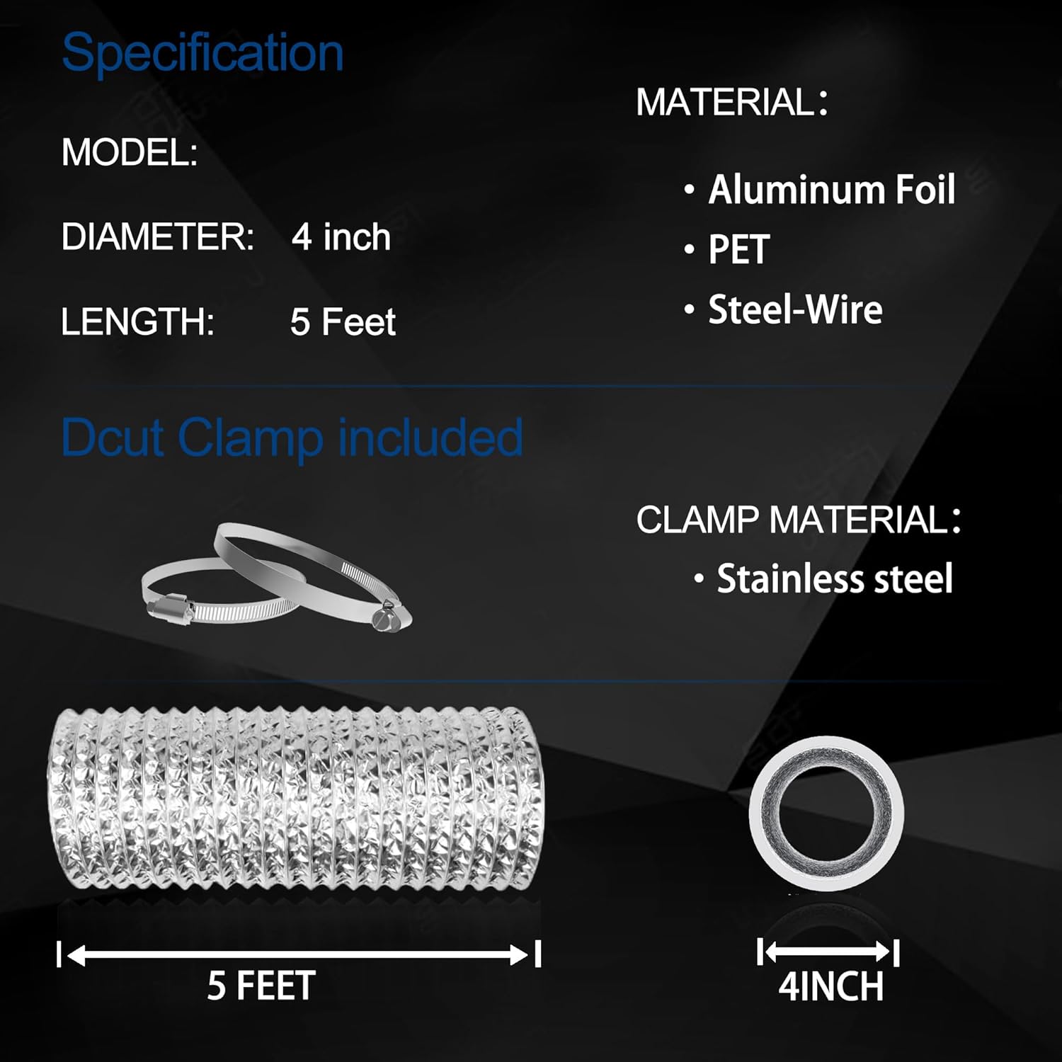 TEAIERXY 4 Inch 5 Feet Dryer Vent Hose Short,Flexible Air Ducting,Heavy Duty Aluminum Foil Extra Thick(6-ply) with 2 Clamps for HVAC Ventilation,Tight Space