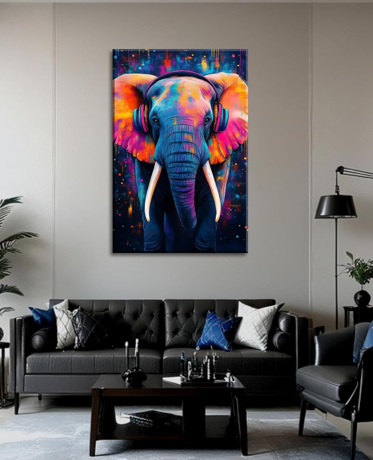 KPLUNDO Canvas Wall Art Elephant Wall Decor Graffiti Picture Funny Animal Listen to Music Painting Colorful Poster for Office Living Room Bedroom Bathroom Home Decor(Art-1,12.00x18.00 inch)