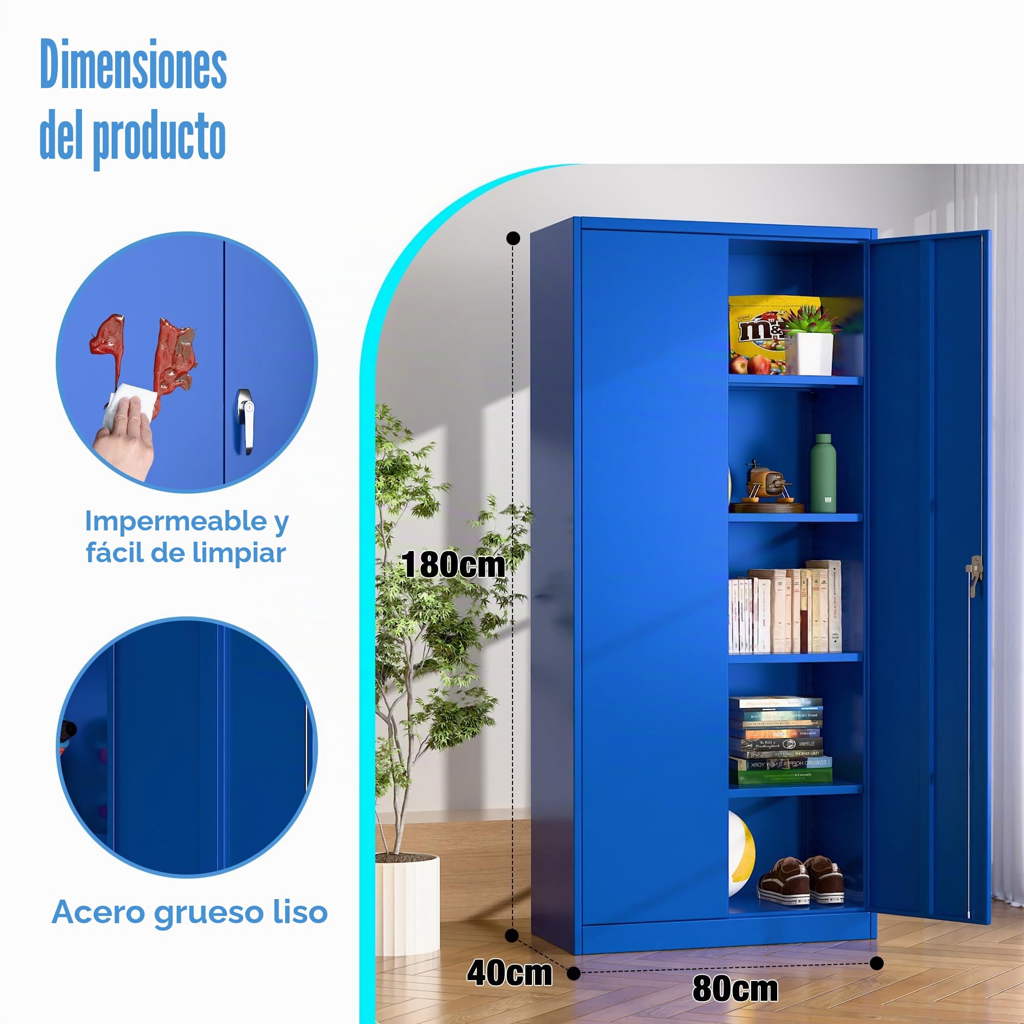 SUPEER Armario de almacenamiento de metal con 2 puertas y 4 estantes ajustables, armario de acero de 180 cm de alto para almacén, garaje, hogar, oficina, fácil de montar (azul)