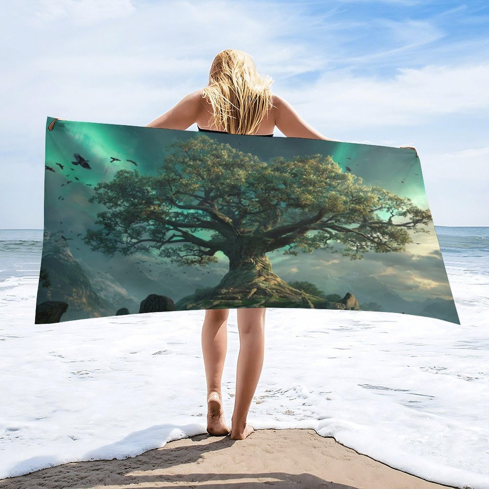 Luyysky Rustic Elegant Tree Of Life Quick-Drying Beach Towel, Fantasy Oil Painting Northern Light Aurora Animal Bird Crow Travel Vacation Single Sided Pile Bathroom Towels-80 W Cm X 160" L Cm