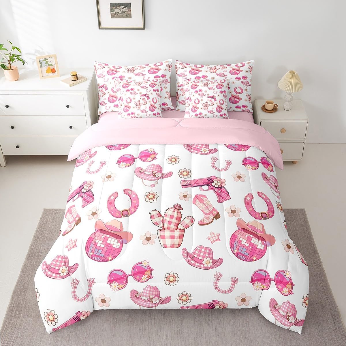 Manfei Western Rock 7 Pieces Bedding Set Queen Bed in a Bag,Cowgirl Boots Hats Comforter Set with Comforter,Flat,Fitted Sheet,Pillowcases,Pillow Covers,Pink Geometric Lattice Print Soft Warm Bedding