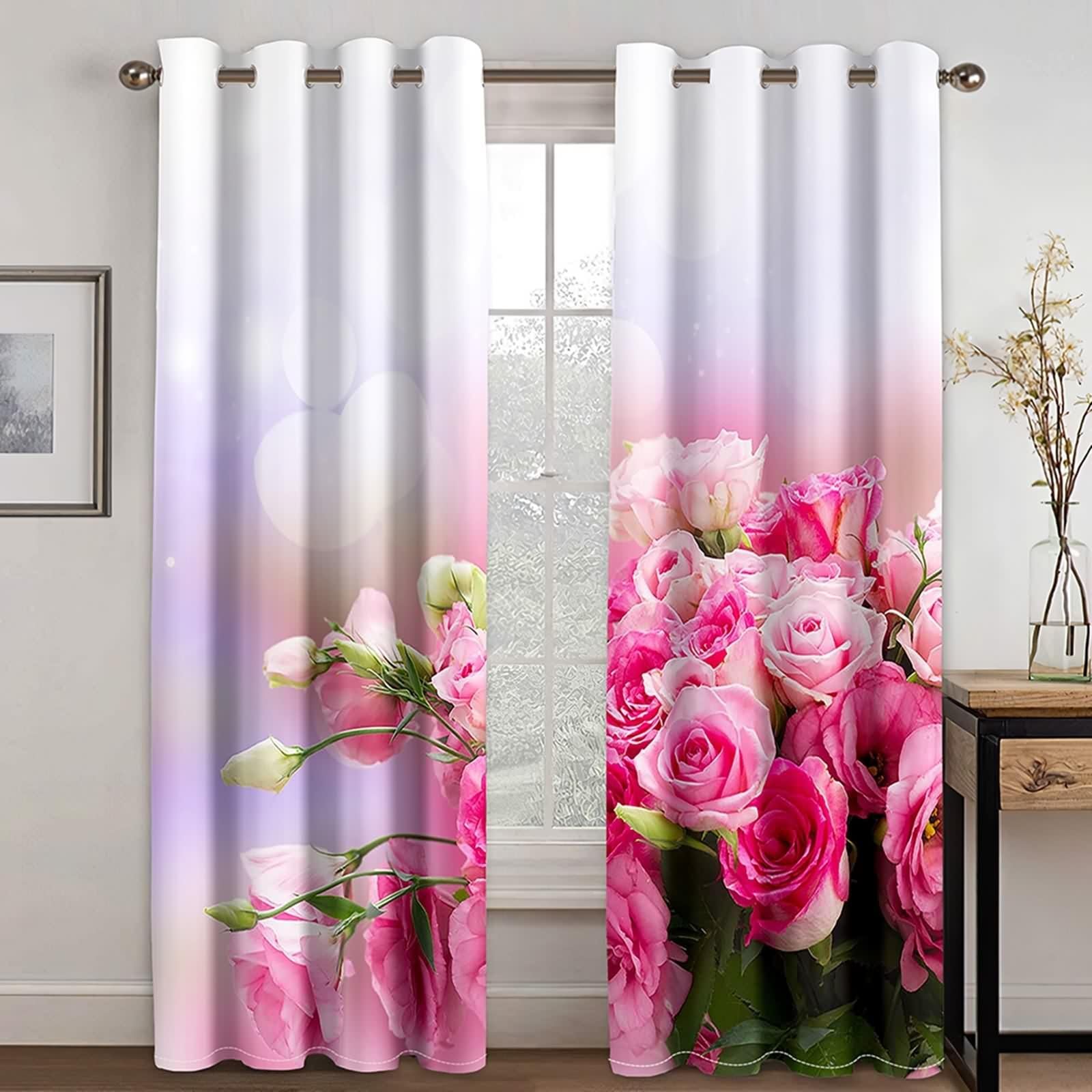 Firanki długie, zasłony kuchenne na okno, różowe, zielone, poliester, różowe, kwiaty, dekoracja, zestaw 2 sztuk, szer. 132 x wys. 229 cm