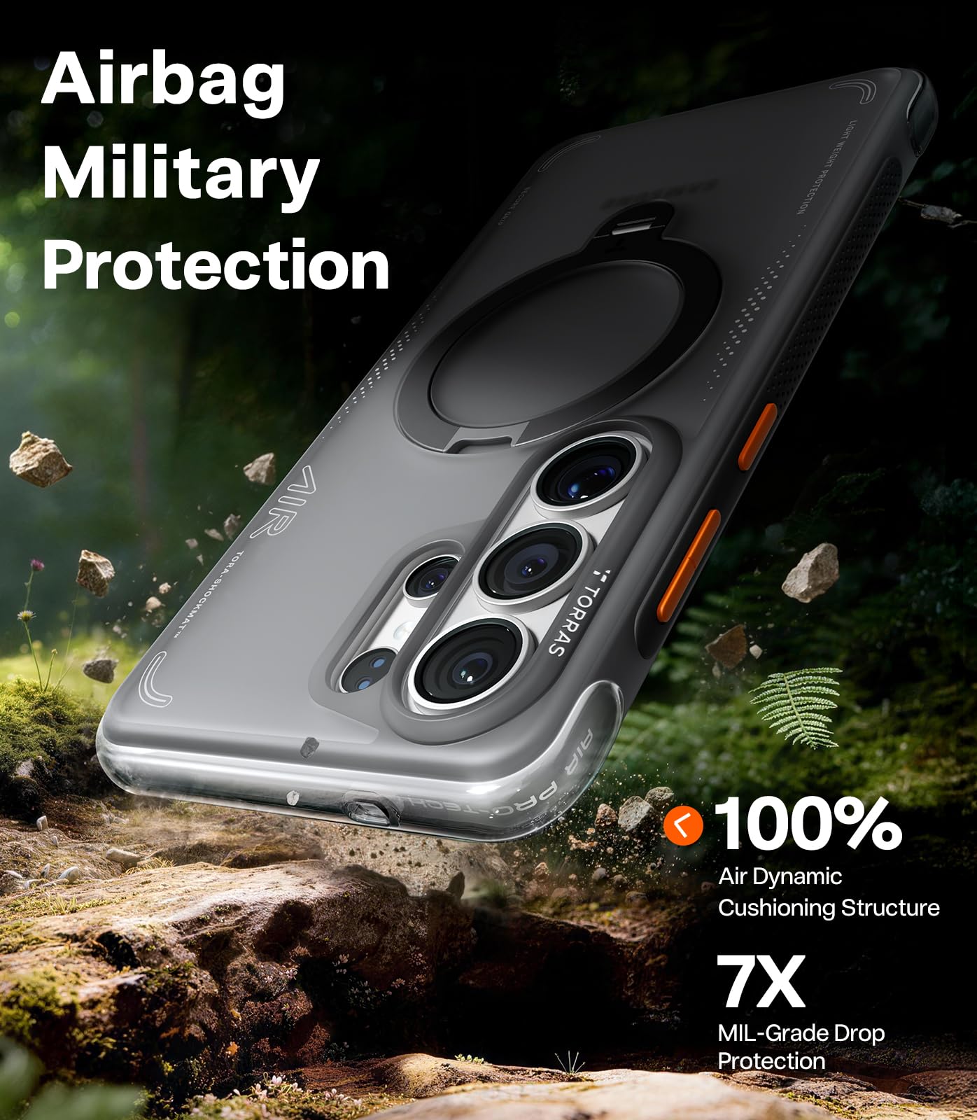 TORRAS Ostand Q3 Air Funda para Samsung Galaxy S26 Ultracon airbag auténtico, Doble protección (Soporte magnético Resistente de 360º), Color Negro