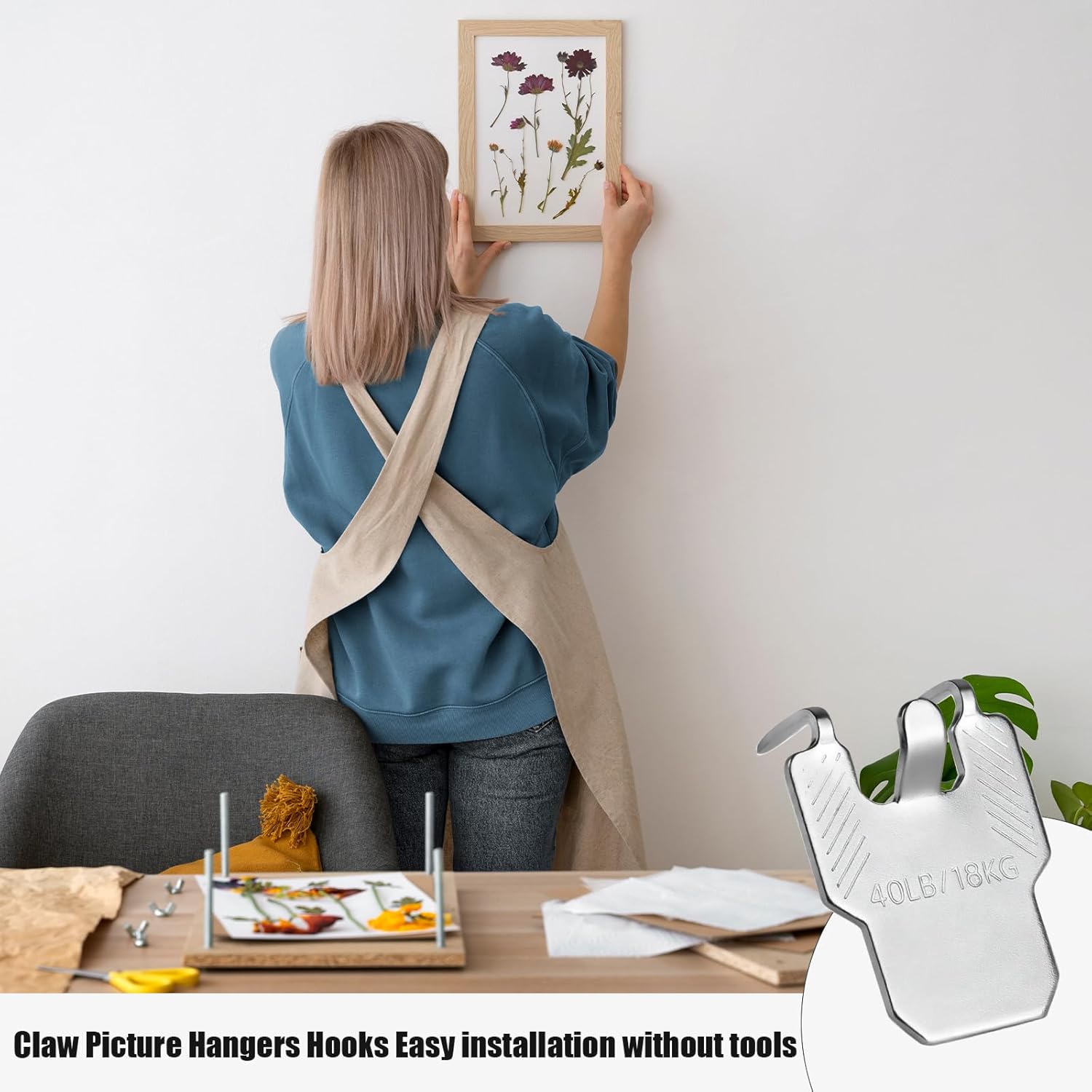 Claw Picture Hangers for Drywall, 40 lbs Capacity Picture Hanging Kit, Tool-Free Wall Hooks for Mirror, Photo Frame and Art Decor, Silver Metal Wall-Friendly Hangers