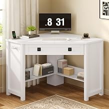 32" Farmhouse Corner Desk with Power Outlets and Drawers for Small Space