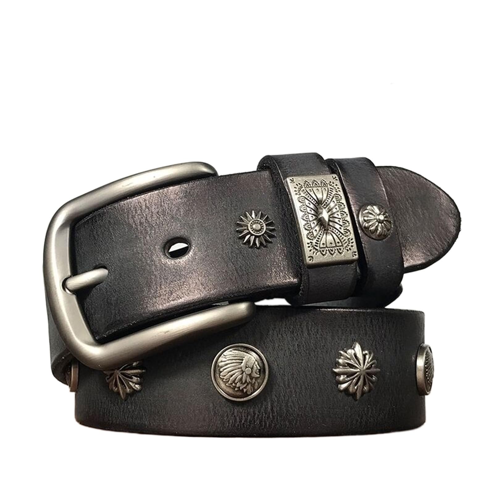 Jiary Unisex Black Gray ,110Cm/43.3'',Men's Belt Hand Rivet Belt With Pin Buckle Genuine Leather Top Layer Cowhide Soft Men's And Women's Denim Retro