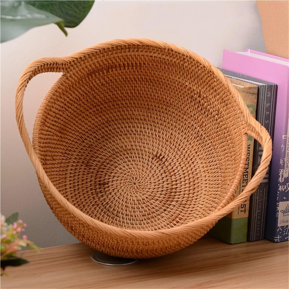 Luopan Storage Accessories, 1-Pack, Natural Rattan Storage Baskets, Cat's Ears Shape Handle, Handmade Woven Picnic Bowls