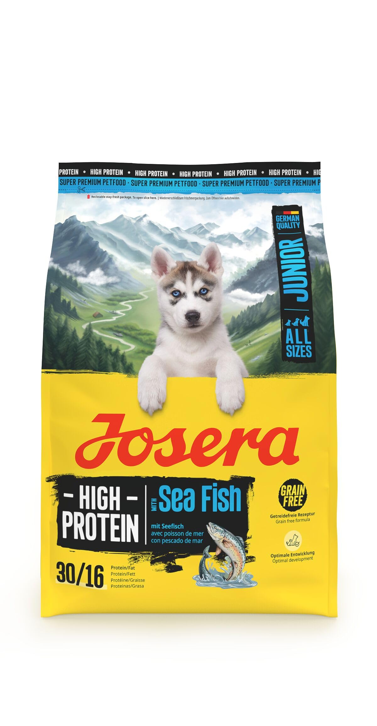 JOSERA Junior High Protein Seefisch (1 x 3 kg) | Premium Trockenfutter für aktive Hunde ab der 6. Lebenswoche | Lachs & Süßkartoffel | getreidefrei & proteinreich | L-Carnitin & Taurin | 1er Pack