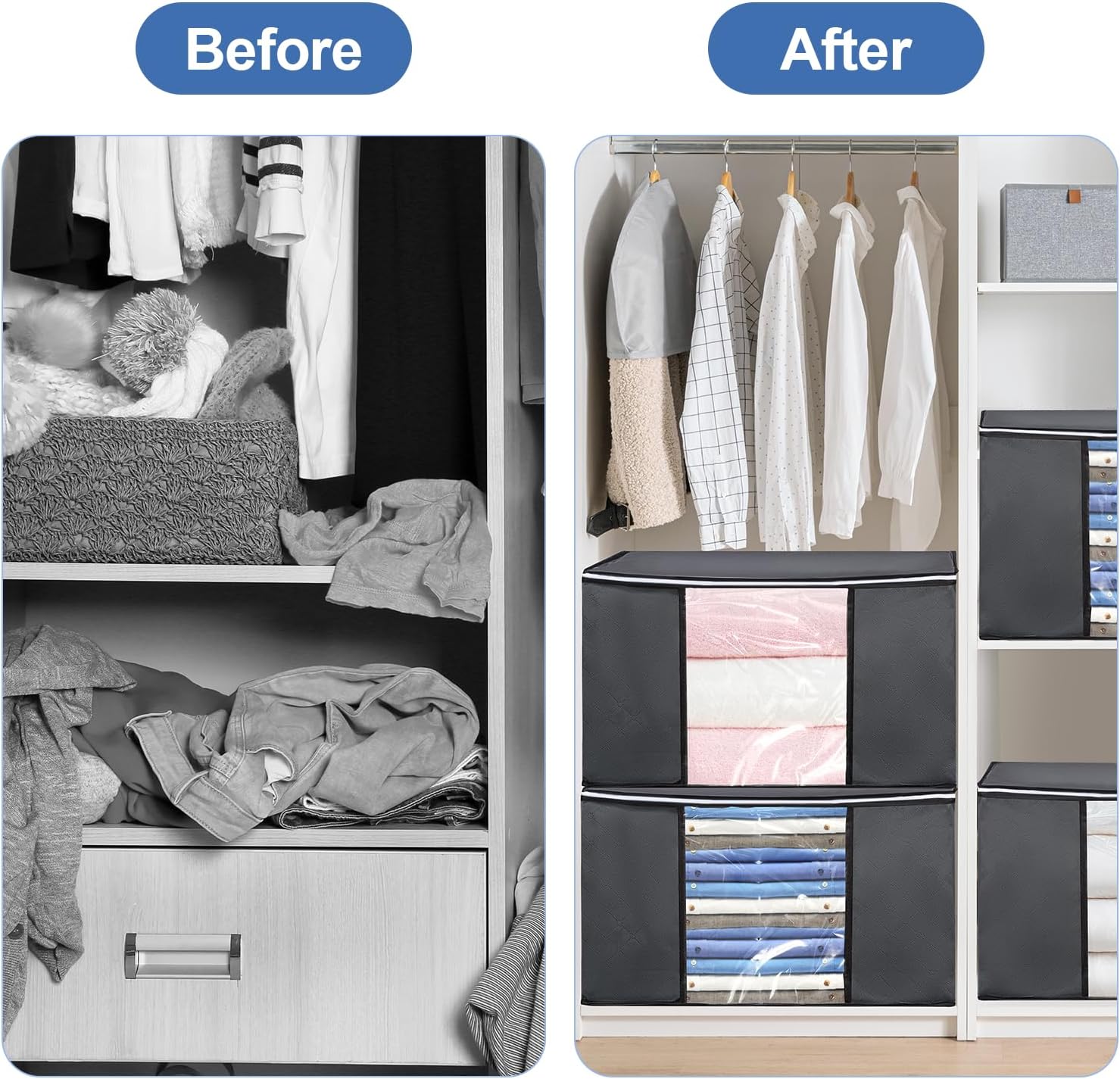 BiCINE 4 Pack Clothes Storage Bags, 90L Large Blanket Storage Bag Comforter Storage Bins with Clear Window and Lid Foldable Closet Organizer and Storage Containers for Bedding Pillows and Sweaters