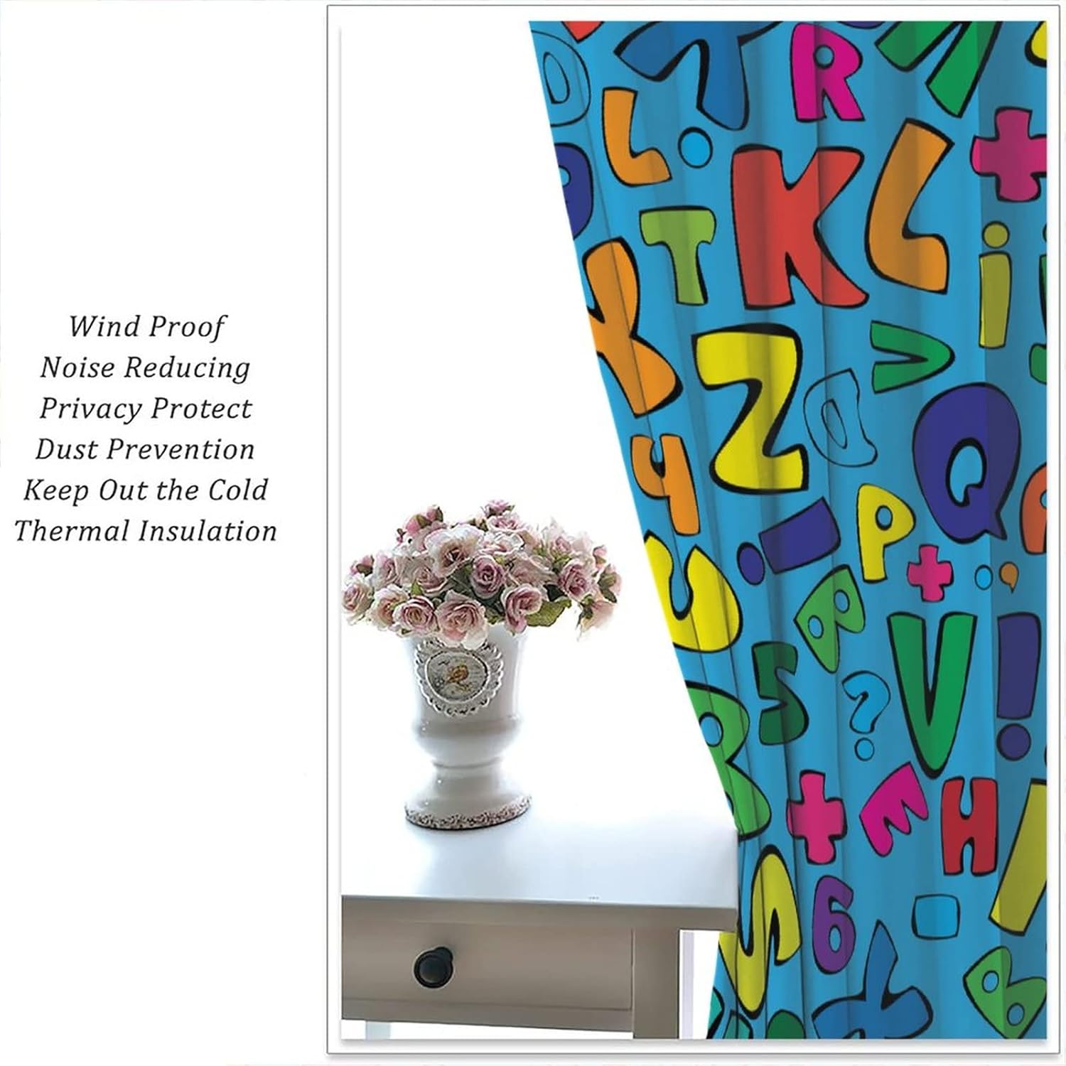Coloured Letters Curtains,Kids Education Alphabet Pattern Window Treatments for Living Room Bedroom Boys Girls Room Nursery Window Drapes 2 Panel Set Total Size 42" x 45"Blue