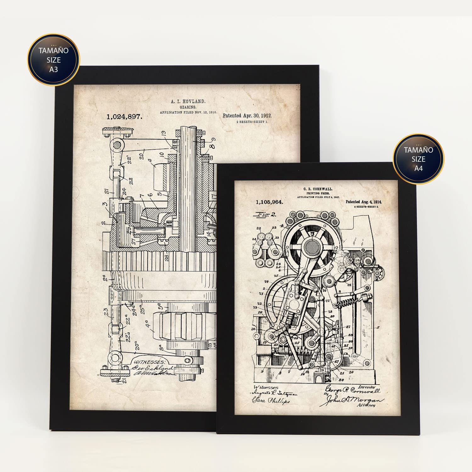 Nacnic Set von 6 Plakaten mit Maschinen Patenten. Plakate mit Retro-Patentabbildungen. Inneneinrichtung im Vintage-Stil. Grösse A4 und A3. Mit Rahmen.