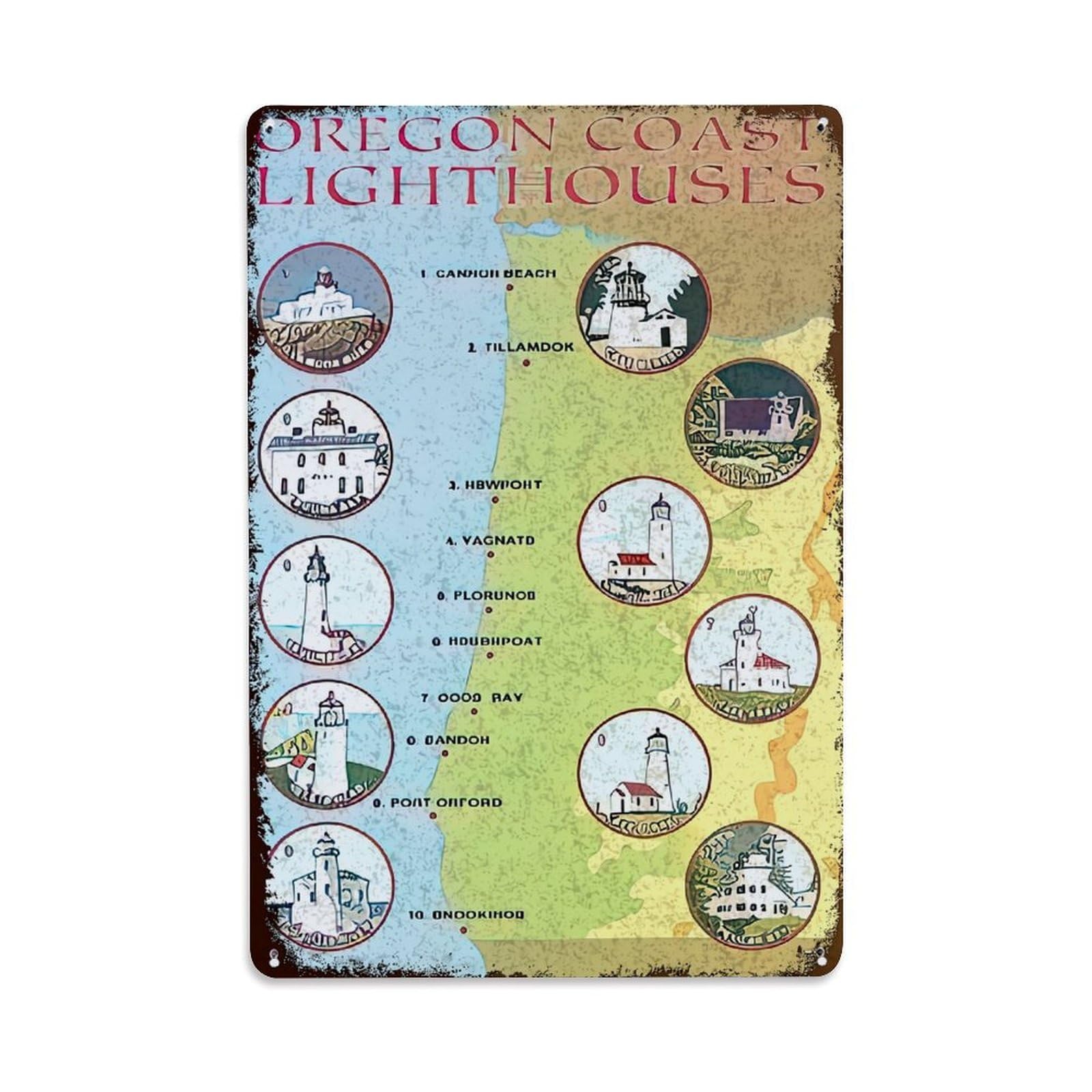 Jdfenggu Vintage Oregon Coast Lighthouses Map Art Retro Metal Tin Sign, Decor Art Poster For Bar, Home, Man Cave, Kitchen, Laundry Room Gift 8X12inch