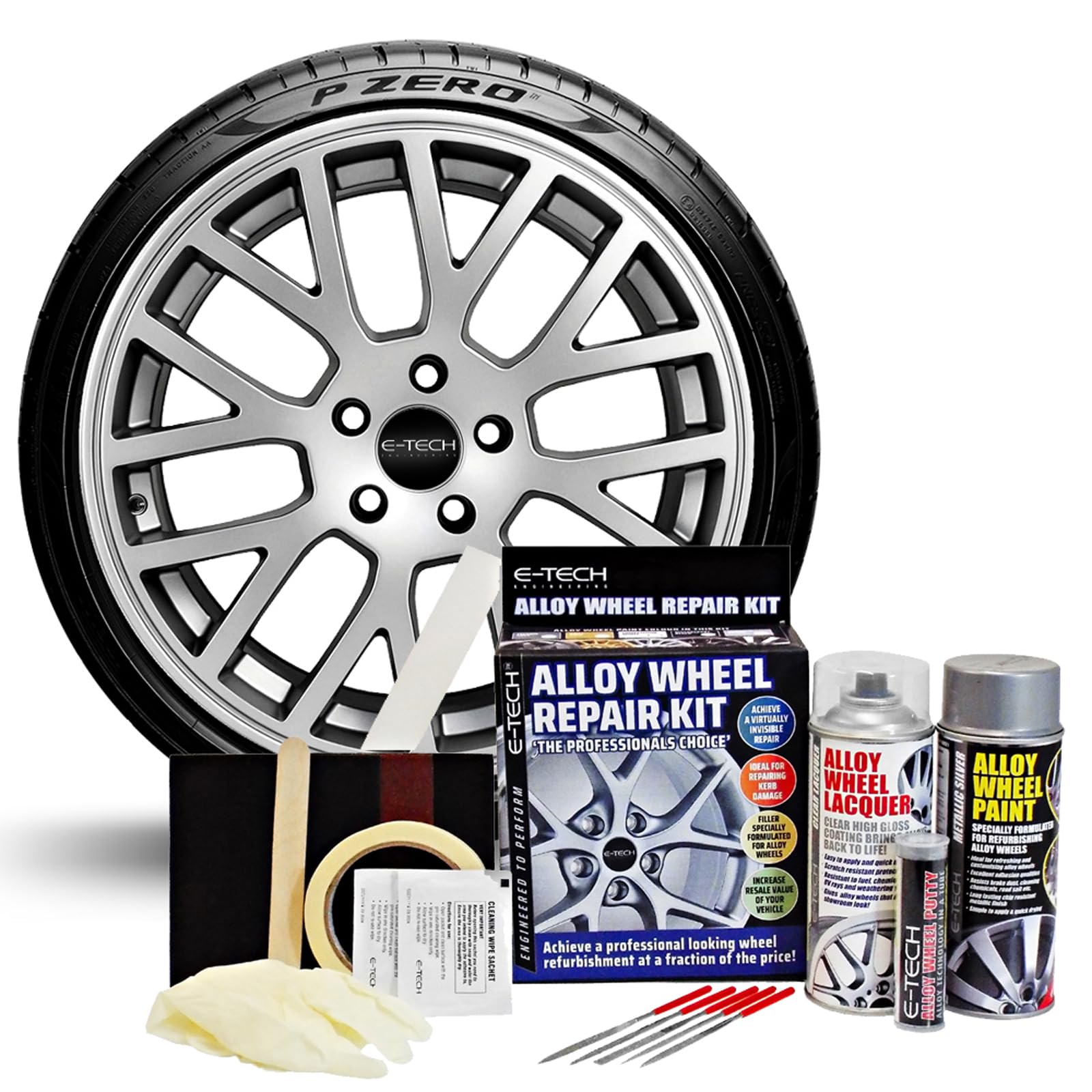 E-TECH Alloy Wheel Repair Kit - wheel rim refurbishment to professionally restore and refurbish car alloy wheel rim damage, scuffs & scrapes (Metallic Silver)