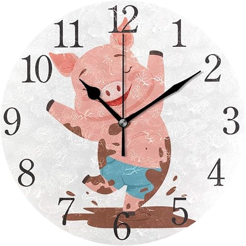SUABO Reloj de pared con números arábigos, diseño de cerdo saltando una piscina sucia, reloj de pared redondo para sala de estar, baño, decoración