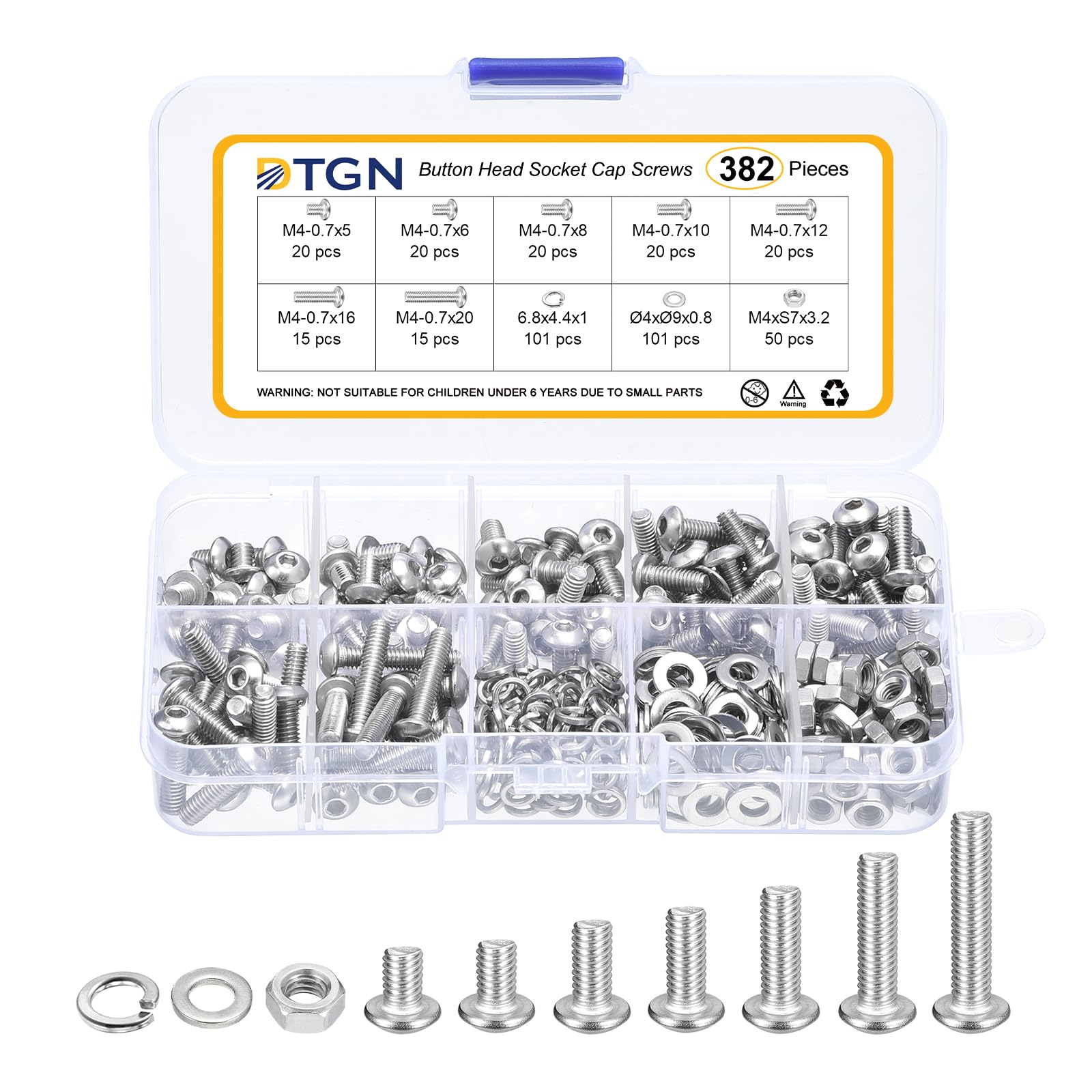 DTGN 382Pcs M4-0.7x5/6/8/10/12/16/20mm Button Head Socket Cap Screws, 304 Stainless Steel Bolt Nut Set Washer Assortment Kit