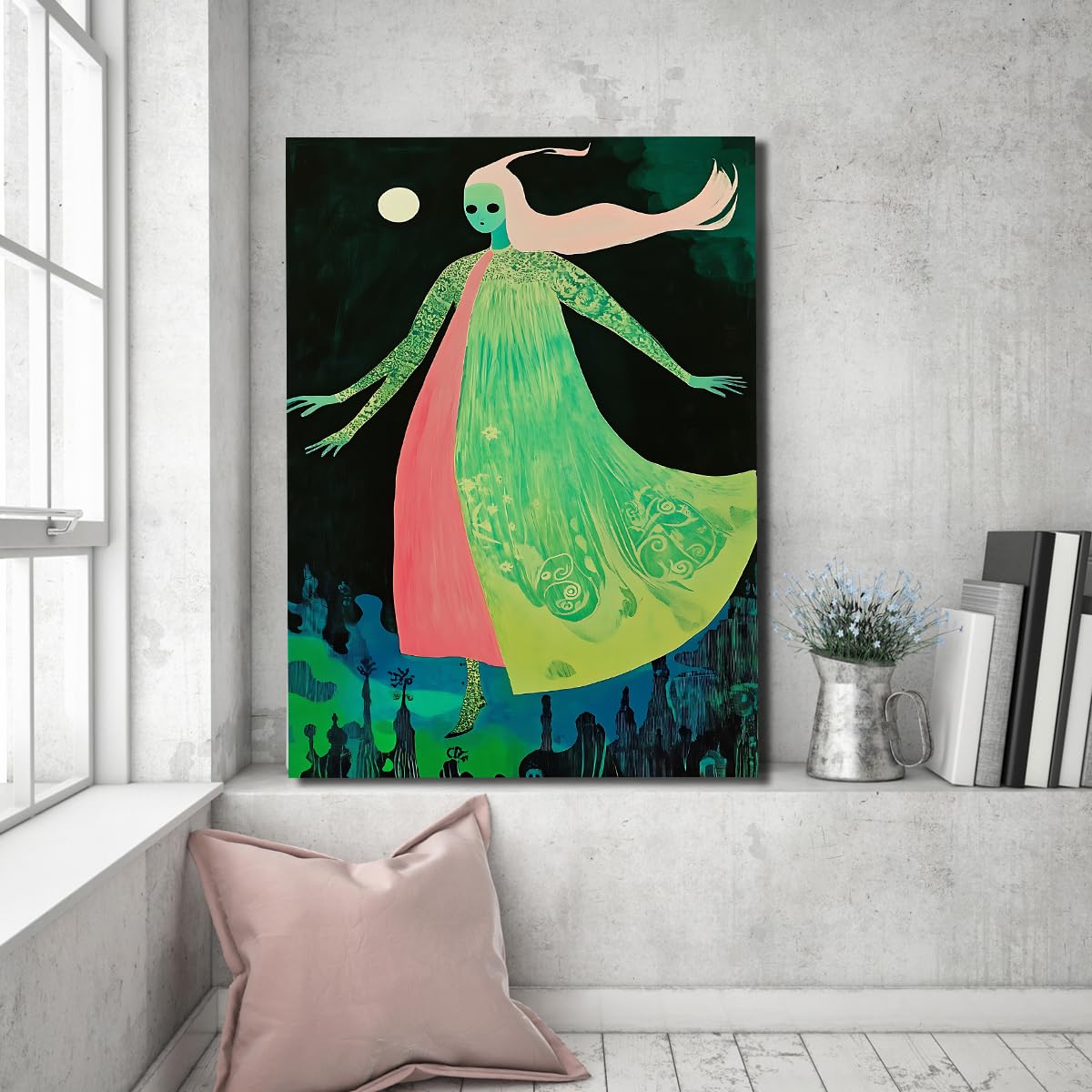CHERHERART Affiche de femme éclairée par la lune Style surréaliste sur toile Art mural Tirages mystiques de nuit Œuvres d’art pour chambre Salle à manger Salon 70x110cm Sans cadre