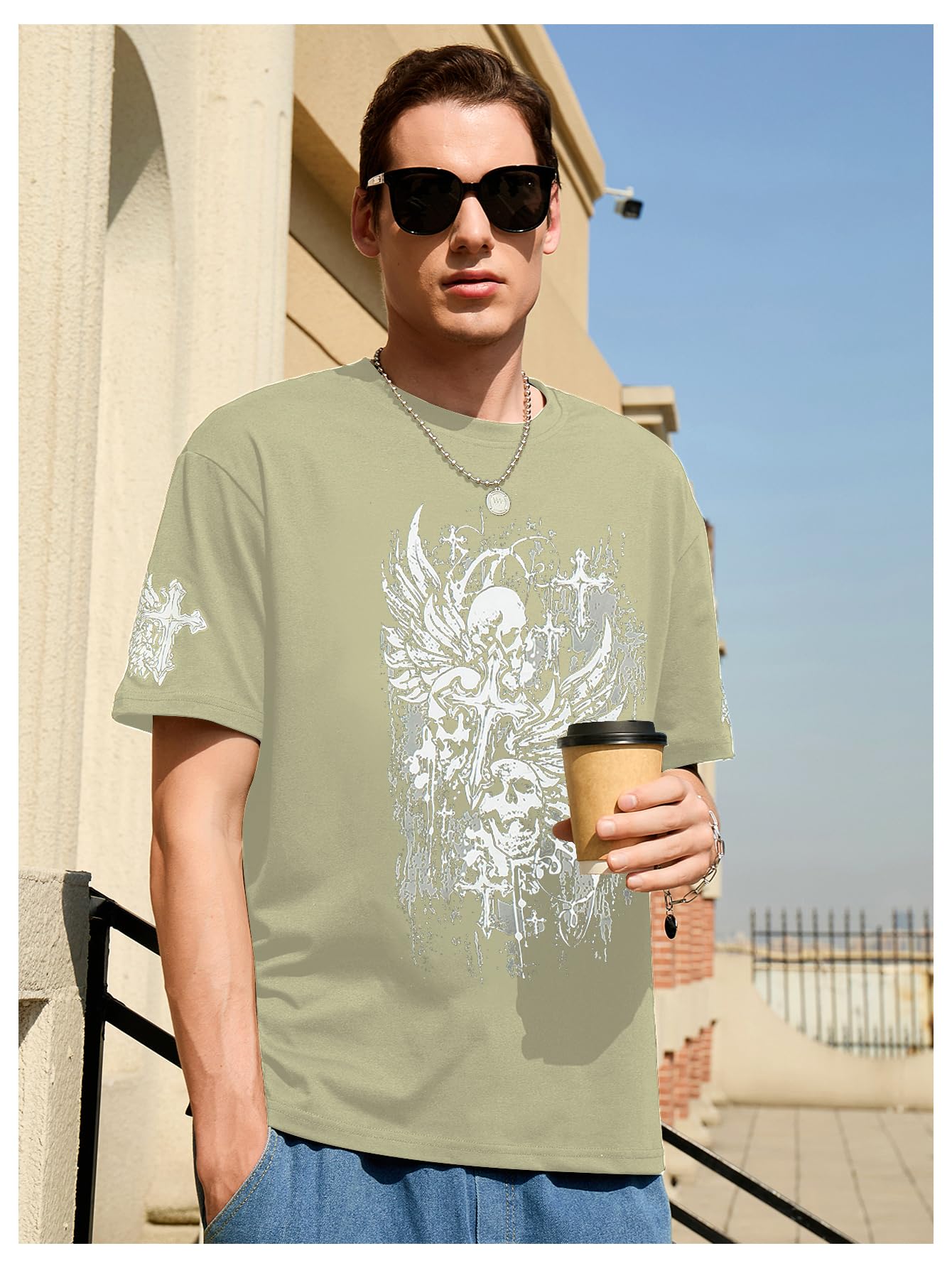 SHENHE Men's Gothic Graphic Tops Y2K Cross Print Short Sleeve Crewneck Christian Tshirt: Medium Green