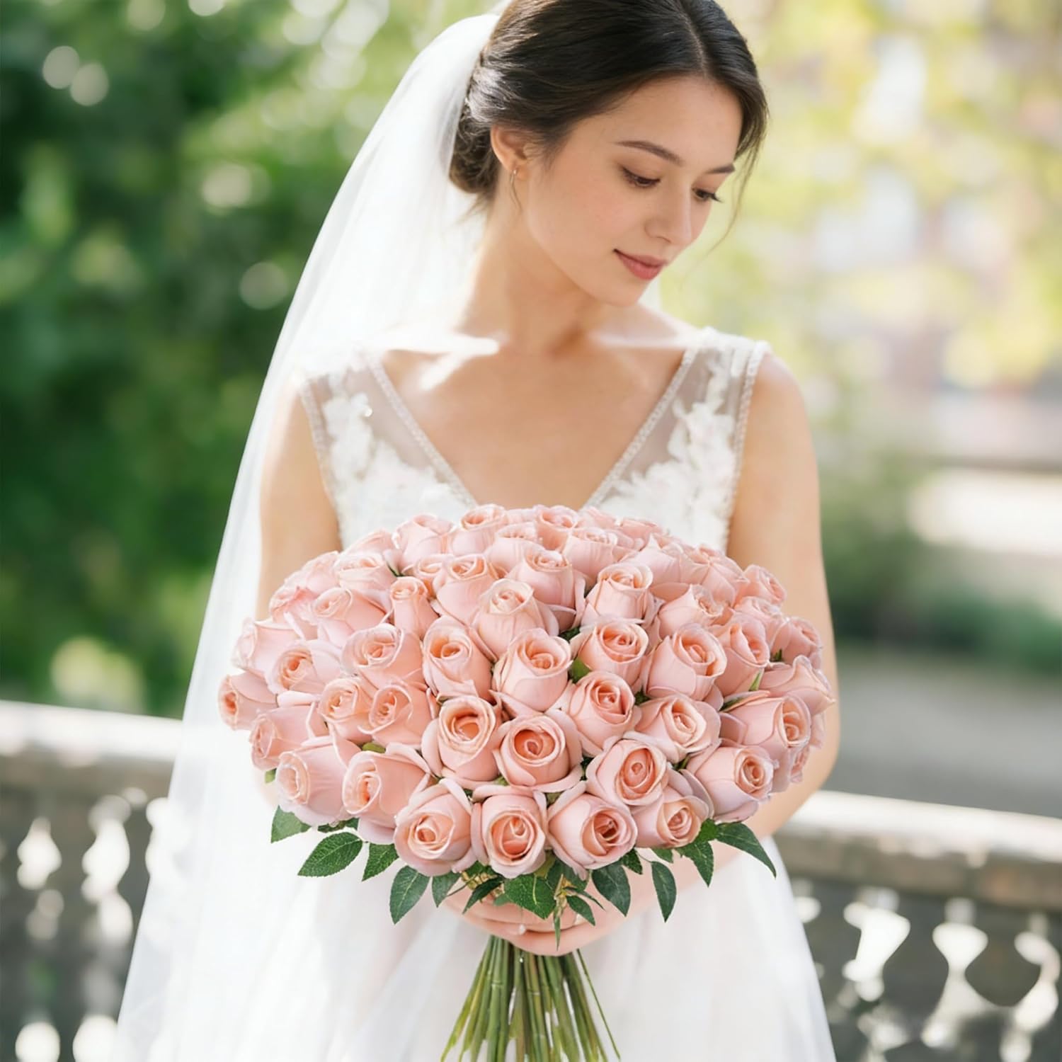 DREAMLOOM 50pcs Roses Artificial Flowers, Fake Roses Realistic with Long Stems Real Touch Silk Flowers Bouquet for Valentine's Day Wedding Anniversary DIY Floral Arrangement Gifts, Blush