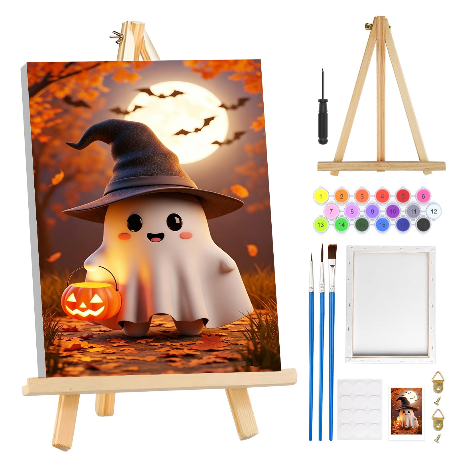 MOGTAA Halloween Paint by Numbers for Adults Beginners with Frame, Ghost Painting by Numbers for Adults with Easel, Easy DIY Pumpkin Lantern Oil Painting Kits Art Crafts for Home Decor, 8x12in