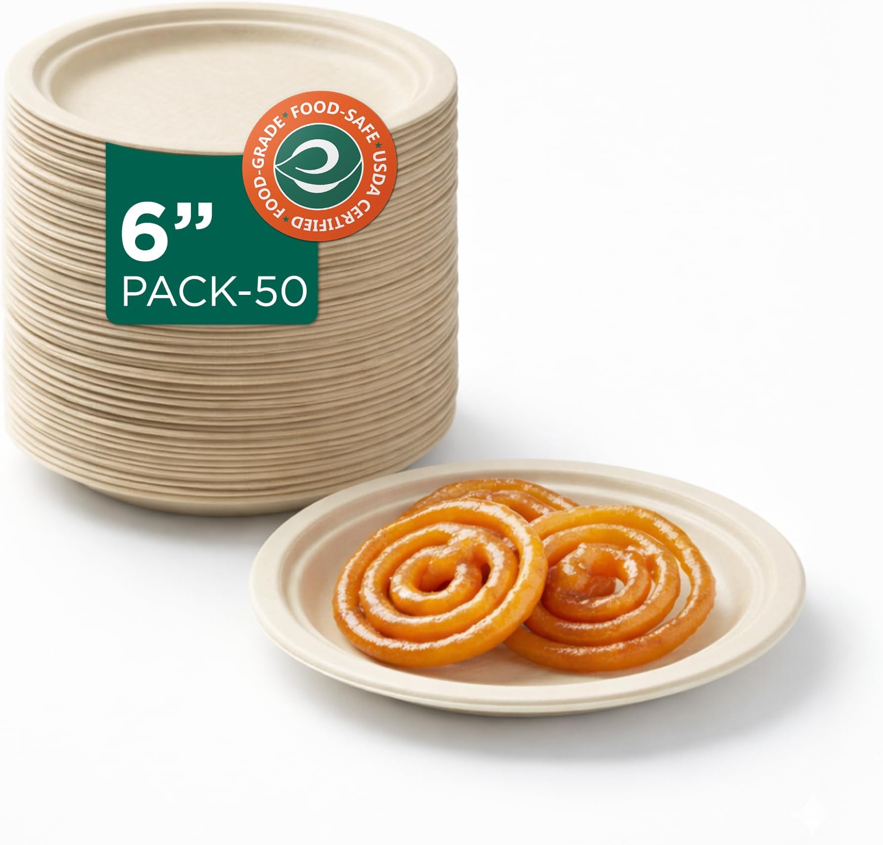 ECO SOUL [6 inch, 50 Pack Disposable Bagasse Plates | Eco-Friendly, Biodegradable, Sugarcane Paper Plates | for Serving Snacks | Birthday, Wedding & Party | Round, Beige (15 cm)