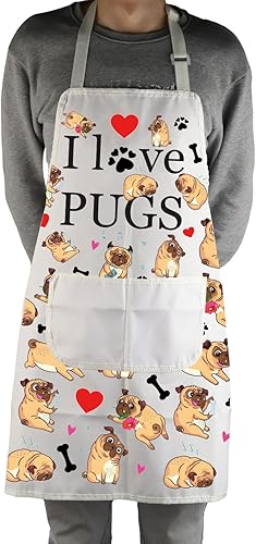 Miniatura 4 de Delantales para perros de pug, regalos para amantes de los pug, delantal de cocina con bolsillos, delantal de cocina I Love Pugs, regalos