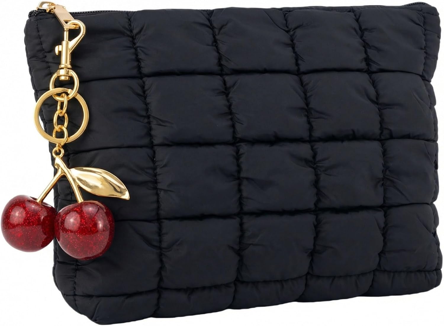 Black Puffer Quilted Makeup Bag for Women with Wrist Straps - 10" Roomy Puffy Cosmetic Pouch, Travel Toiletry Organizer Bag (BK-CHy-R)