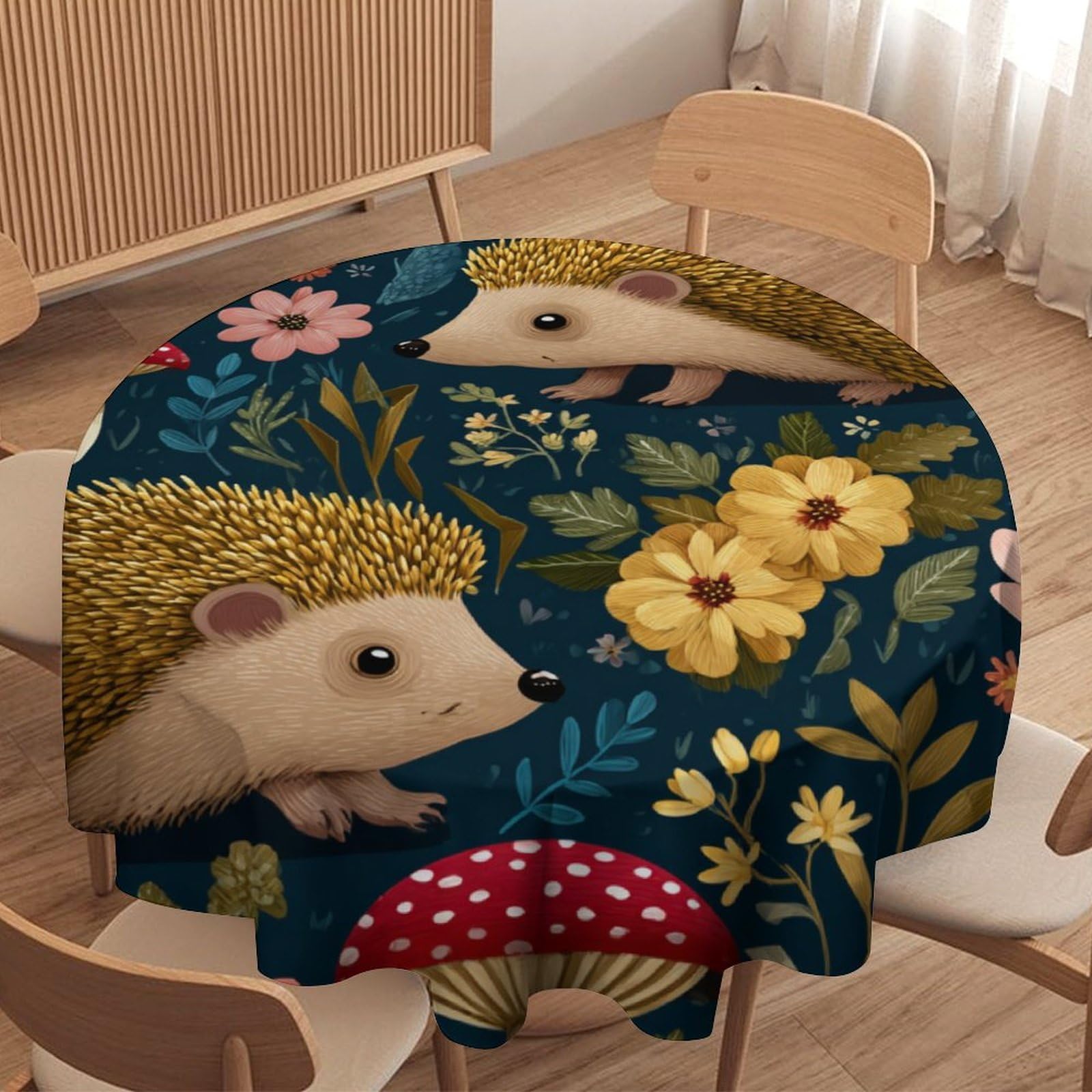 LUYYSKY Vintage Aesthetic Cute Hedgehogs Round Tablecloth Beautiful Boho Daisies Floral Mushrooms Animals Hedgehogs Washable Decor for Table Cover for Kitchen-177.8" Wx177.8 L cm