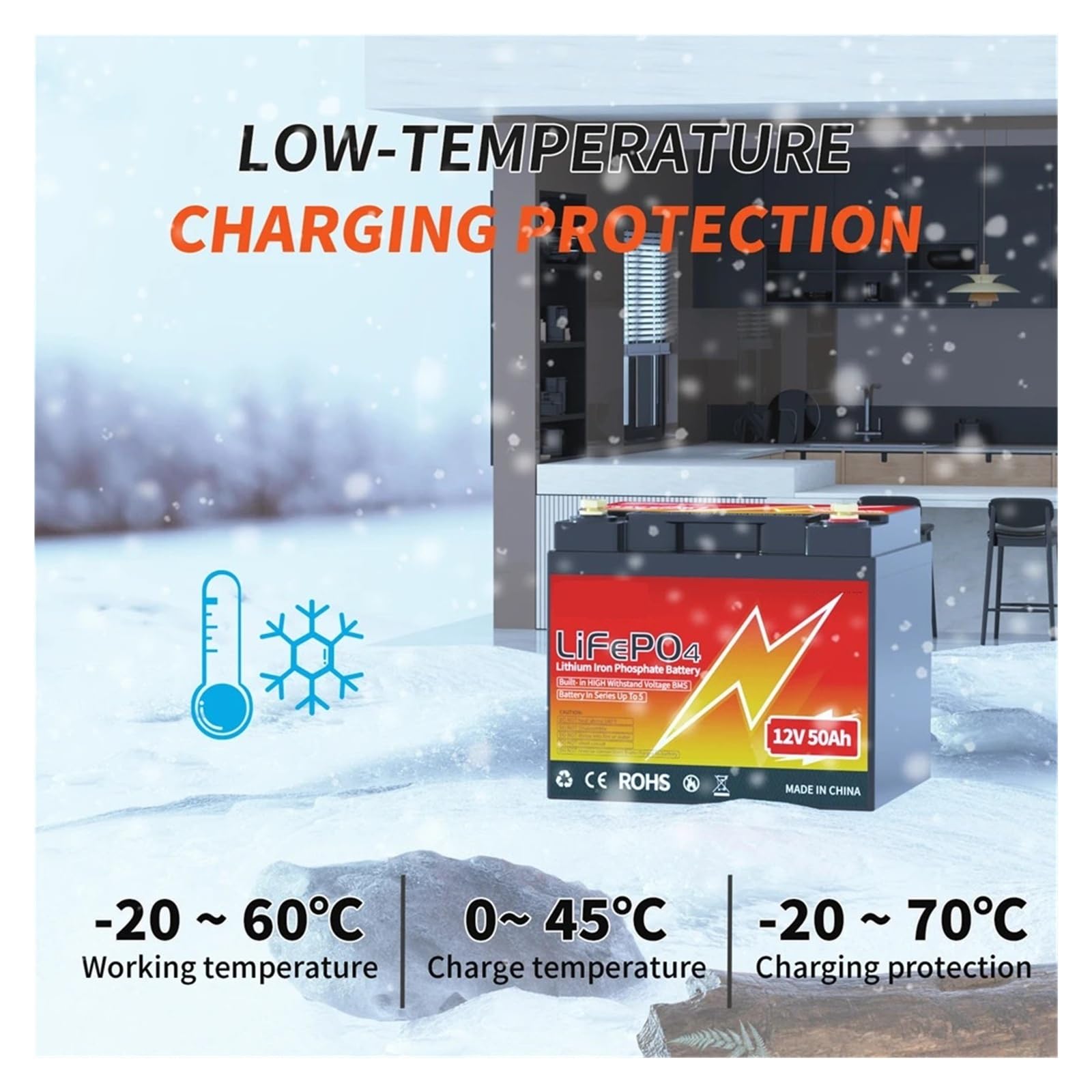 Batería de litio LiFePO4 de 12 V y 50 Ah de ciclo profundo con BMS integrado de 50 A for almacenamiento doméstico, motor de arrastre, autocaravana y sistema solar aislado de la red.