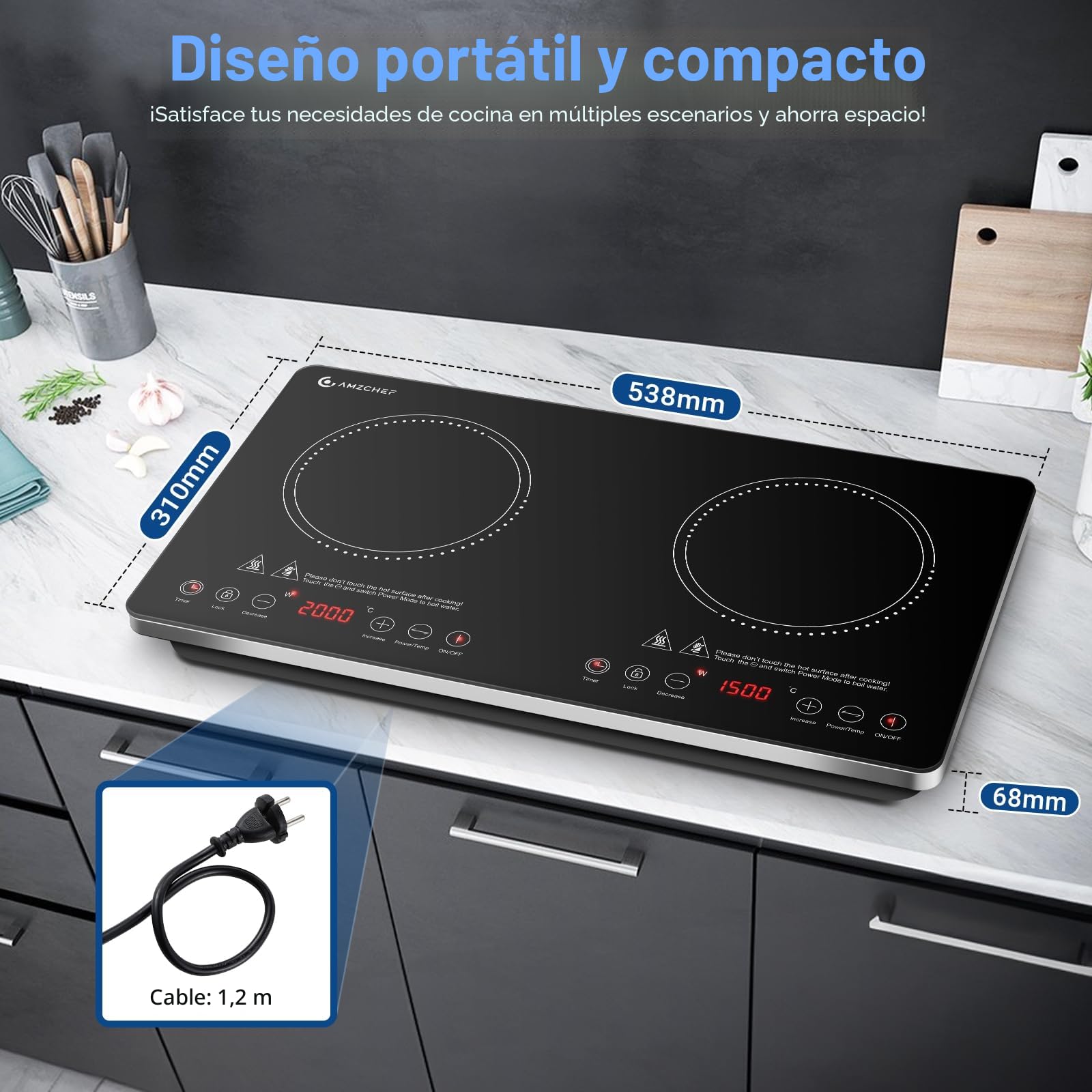 AMZCHEF Placa Inducción 2 Fuegos, Placa de Inducción Portatil 3500W con Controles Independientes, IGBT Mejorado, 20 Niveles de Temperatura, Múltiples Niveles de Potencia, Temporizador de 4 Horas
