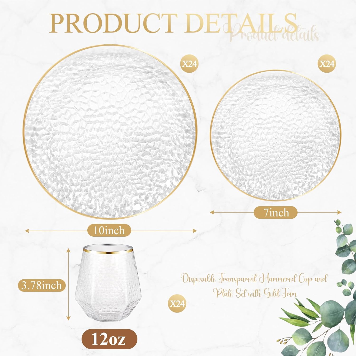 Havawish 72 Pcs Clear Plastic Plates and Diamond Unbreakable Stemless Cups Set Hammered Disposable Dinnerware 48 Pcs 2-Size Plates 24 Diamond Cups with Gold Rim for Christmas Wedding Party Supplies