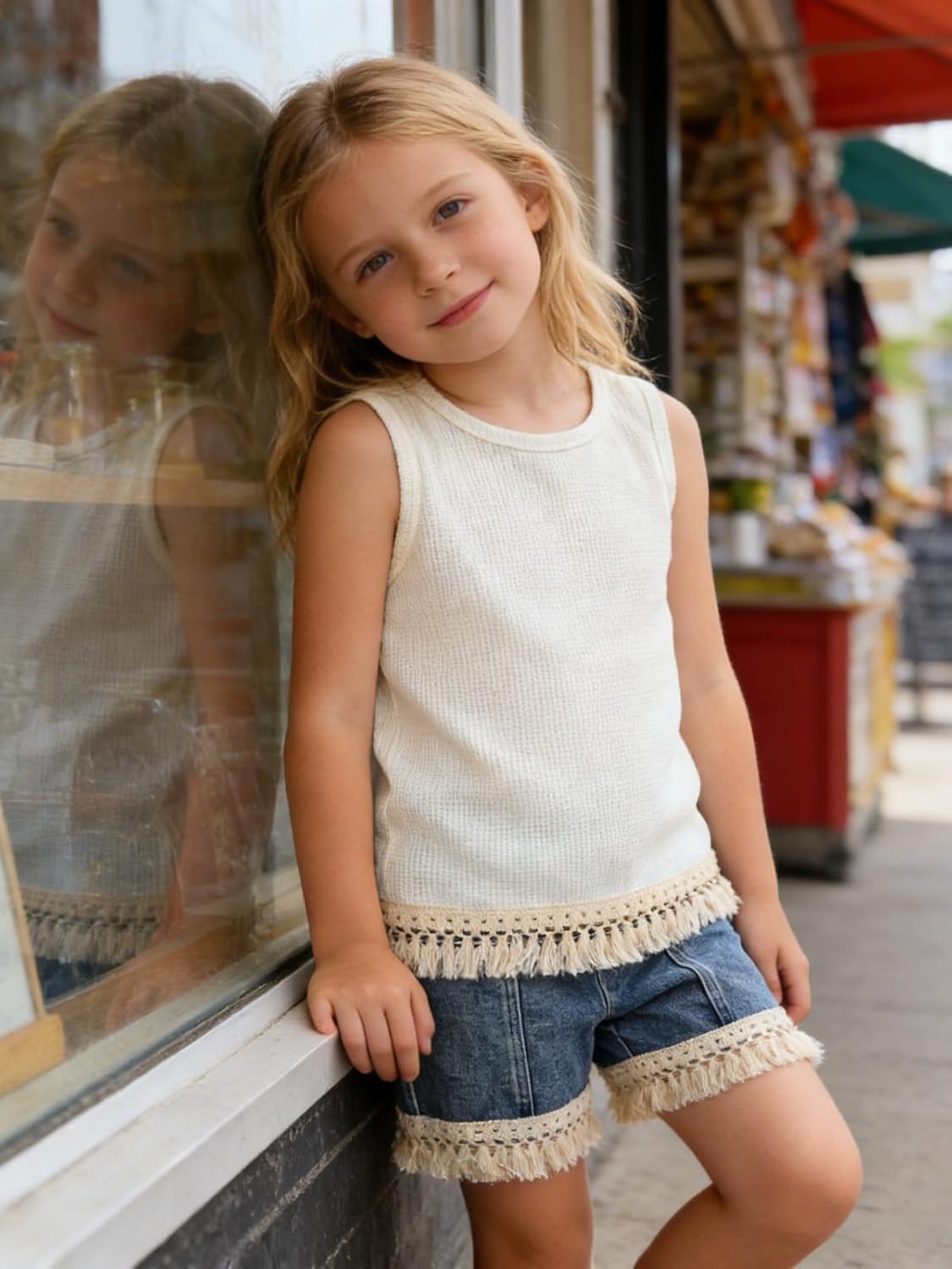 4-8 Years Girls Short Set 2 Piece Sleeveless Fringe Trim Top & Washed Denim Short Summer Clothing Outfits Set - Image 7