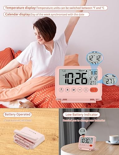 Miniatura 5 de Reloj despertador digital de viaje, pantalla LCD de 3.54 pulgadas, repetición de 9 minutos, 2 niveles de volumen, luz de fondo, batería incluida