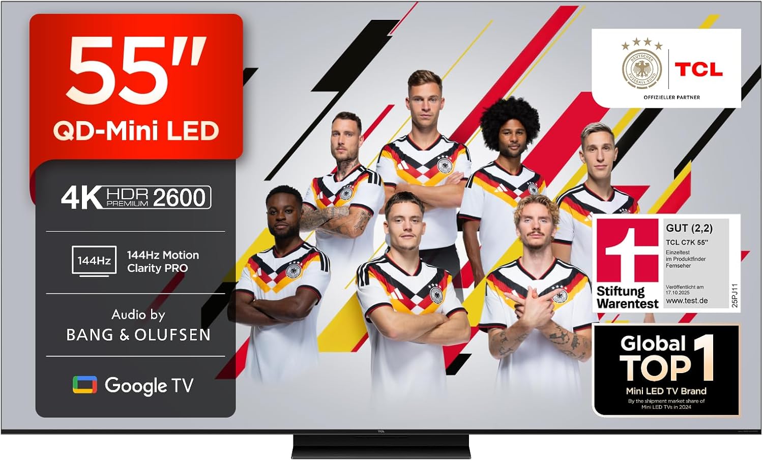 TCL 55C7K QD-Mini LED Fernseher 55 Zoll 4K HDR Premium Dolby Vision IQ & Atmos Smart TV mit Google TV 144Hz HDMI 2.1 AMD FreeSync Premium Pro AirPlay 2 Google Assistant [Energieklasse F]