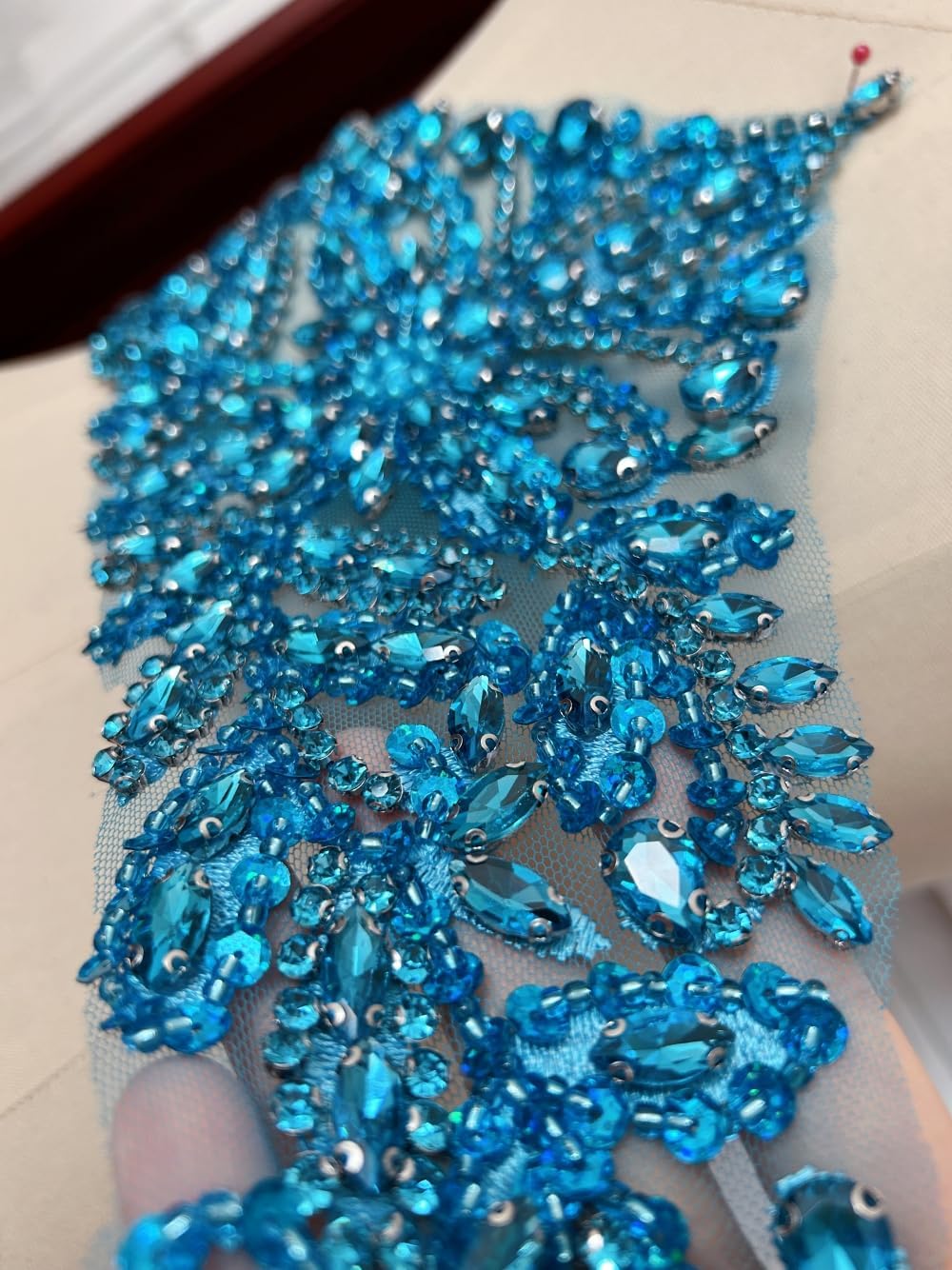 Handmade Rhinestones Lace Applique Trim Patches with Sewing Beads Sequins Glass Stones for Dress Clothing Belt Accessories (Light Blue)