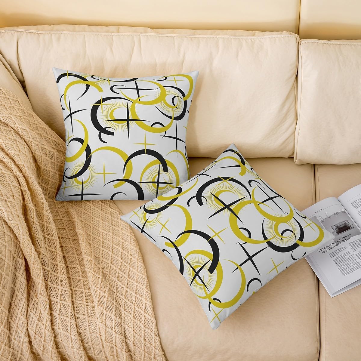 Feelyou Circle Pillow Cases Cushion Covers Geometric Throw Pillow Covers 24"x24" Set of 2 Modern Abstract Art Decorative Throw Pillowcases Luxury Stripe Lines Yellow Black Grey Decor Cushion Cases