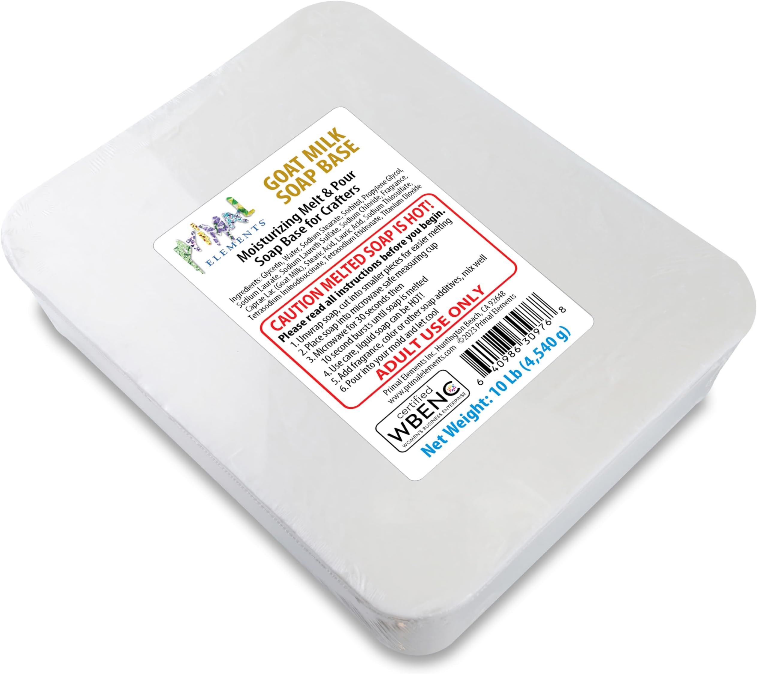 Primal Elements Goat Milk Soap Base - Moisturizing Melt and Pour Glycerin Soap Base for Crafting and Soap Making, Easy to Cut - 10 Pound