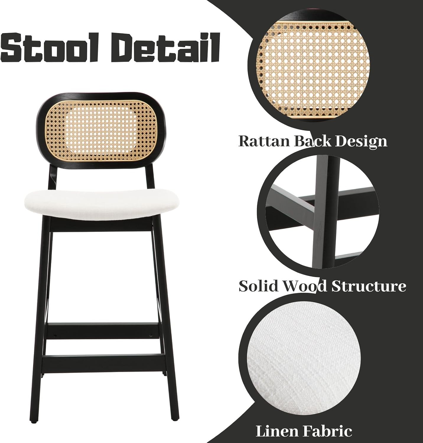 ROCITY Black Rattan Counter Stools Set of 2 Farmhouse Wooden Bar Stools Linen Fabric Bar Chairs 26 Inch Kitchen Island Chairs with Curved Back