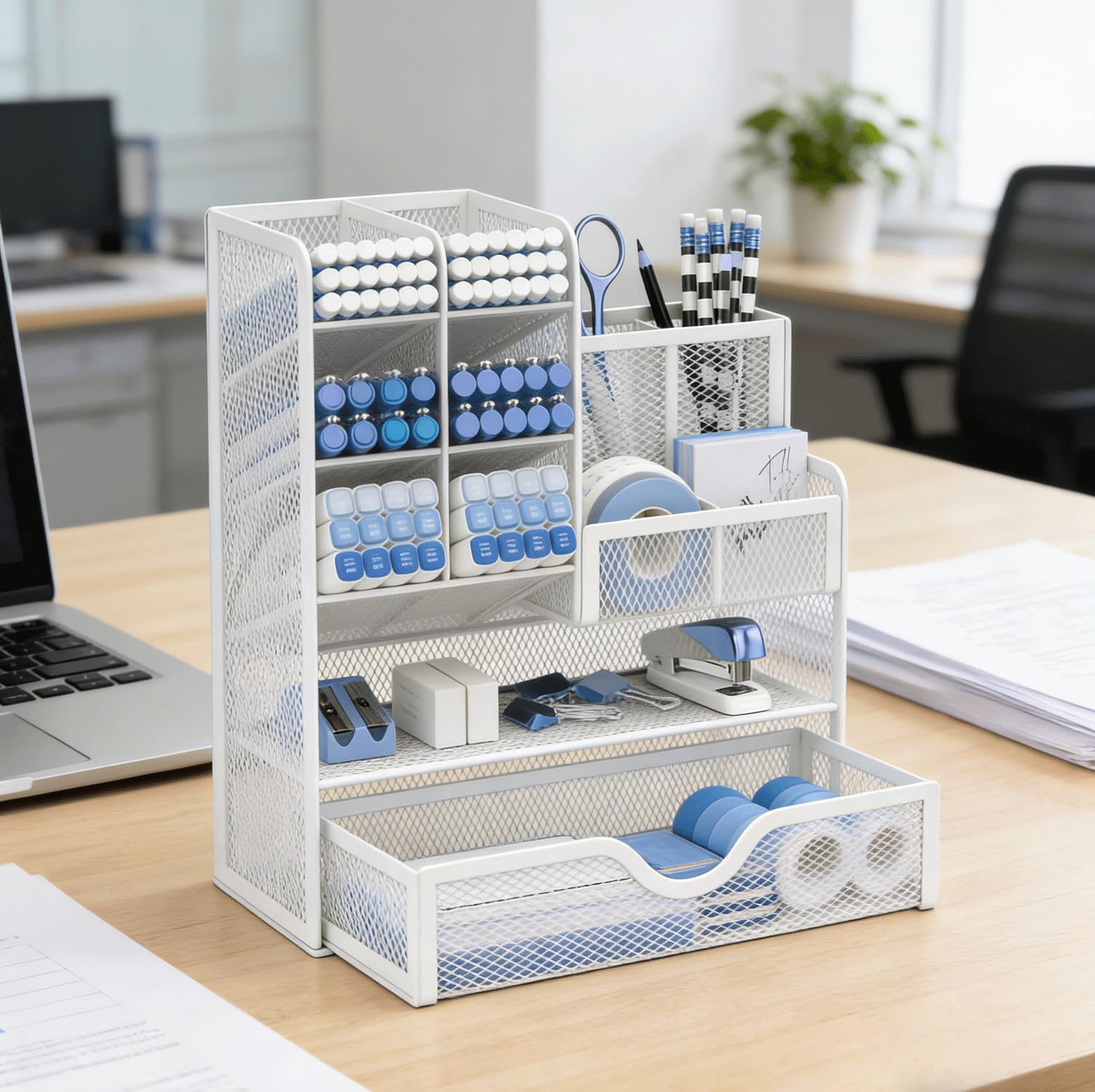 Porte-stylos en maille avec tiroir, porte-crayons multifonctionnel pour le bureau, organiseurs de bureau et accessoires pour le bureau et l'école (S-Blanc)