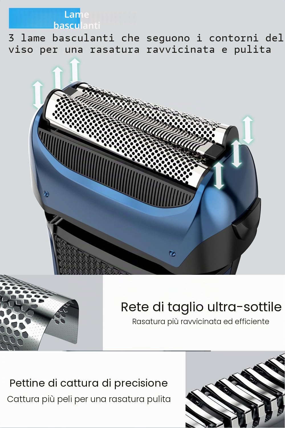 Rasoio Elettrico Barba Uomo con 3 Lame Flessibili e Custodia da Viaggio, Rasoio Elettrico Wet & Dry con Rifinitore di Precisione, Rasoio per Barba Bagnato e Asciutto, Autonomia di 120 Minuti