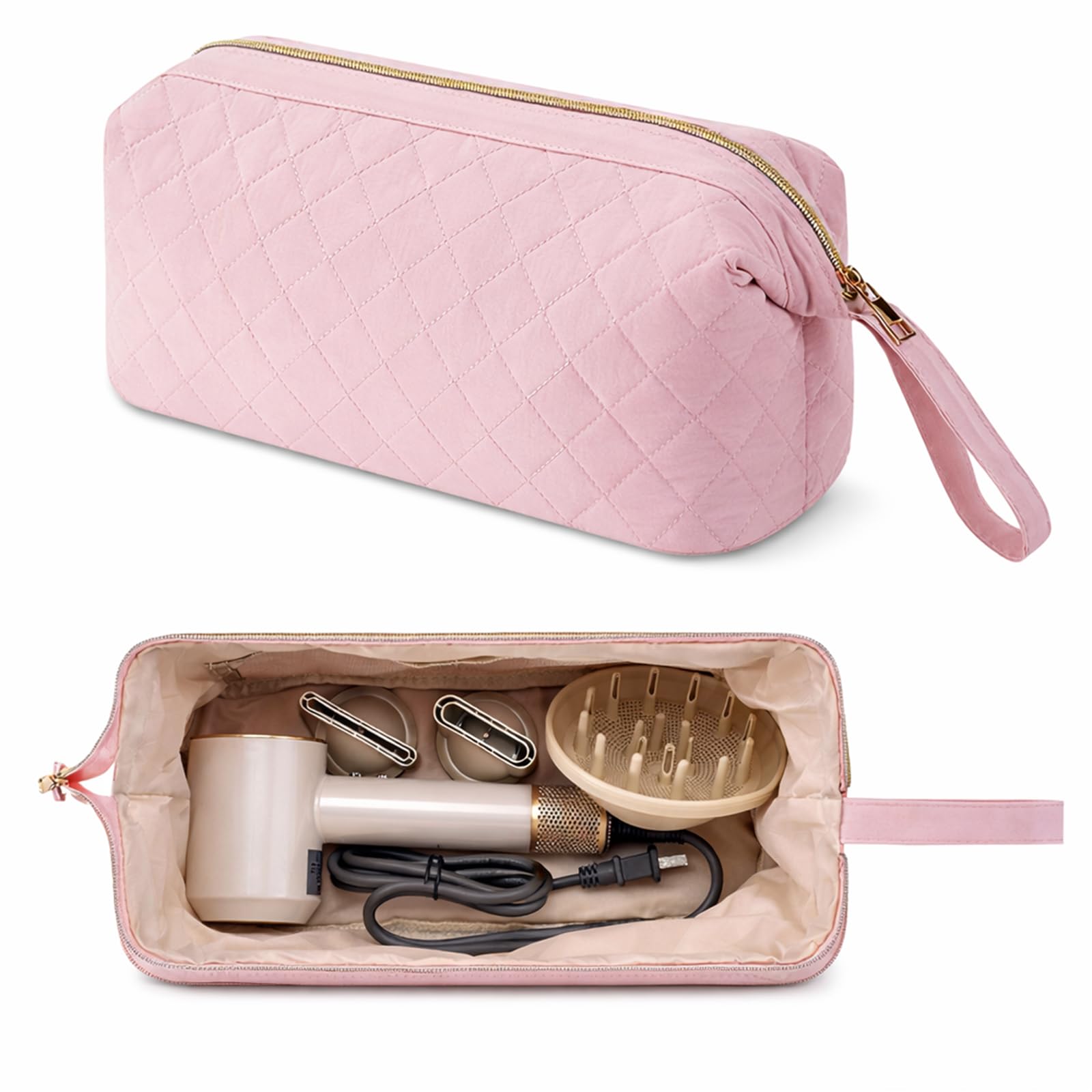 Quilted Hair Tools Travel Bag Organizer,Portable Large Hair Styling Accessories Storage Case for Flat Irons,Straightener,Curling Iron,Hair Dryer (Pink)-image-7