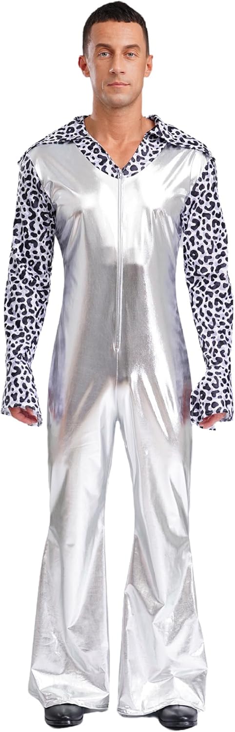 Damen 70er Jahre Hippie Kostüm Overall Glitzer Schlaghose Disco Fasching Kostüme