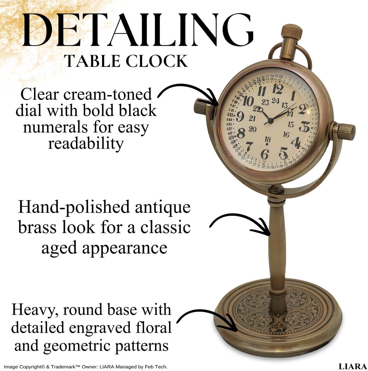 LIARA Vintage Style Double-Sided Standing Desk Clock, Brass Finish, Love Message Display, Decorative Base