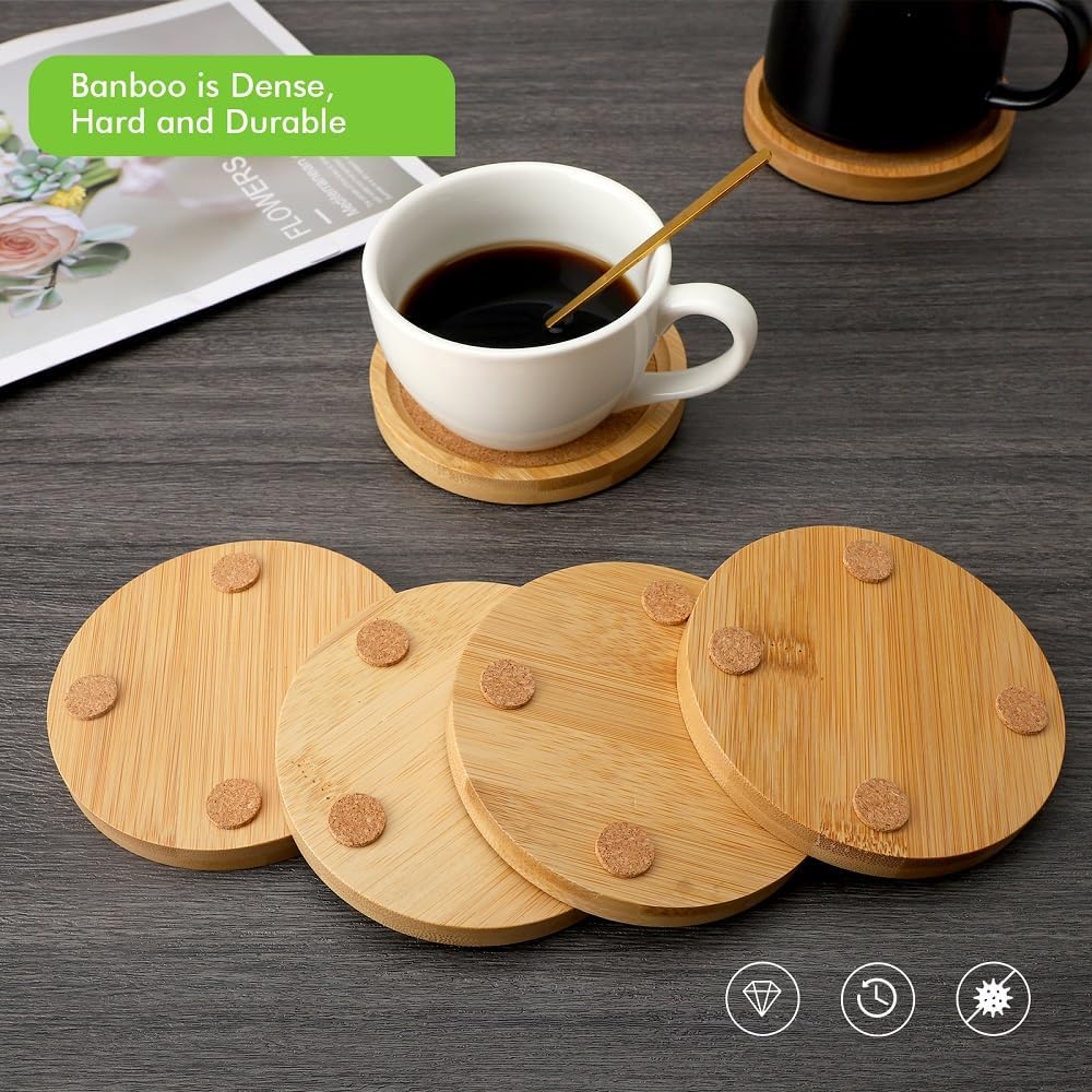 Bamboo Cork Coasters for Drinks Absorbent with Holder Set of 6, Bamboo Coasters for Drinks Coaster Sets Rustic Farmhouse for Coffee Table Dining Table Set of 6 4.33in - Image 5