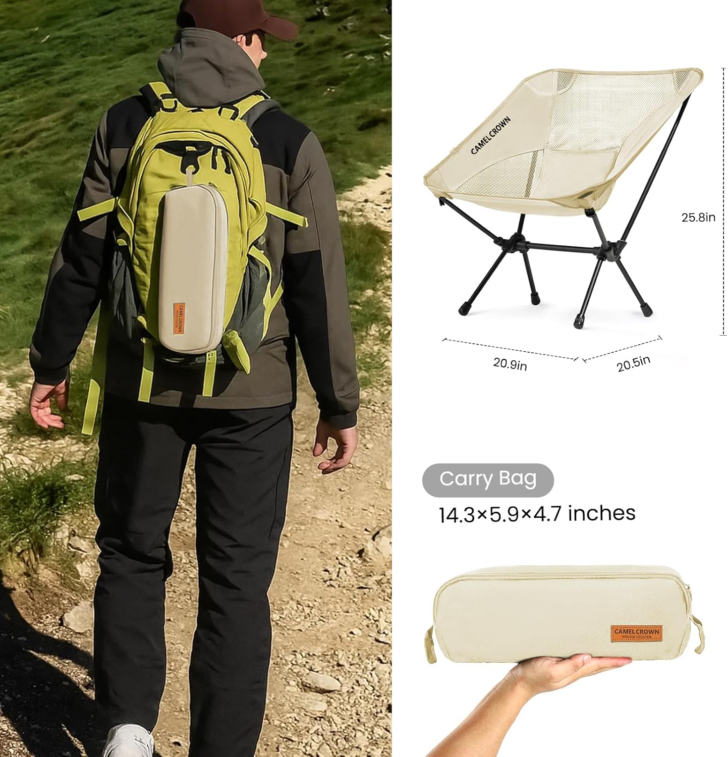 CAMEL CROWN Portable Camping Chair Lightweight Compact Folding Chair Mesh for Outdoor Camp Travel Beach Picnic Festival Hiking Backpacking White