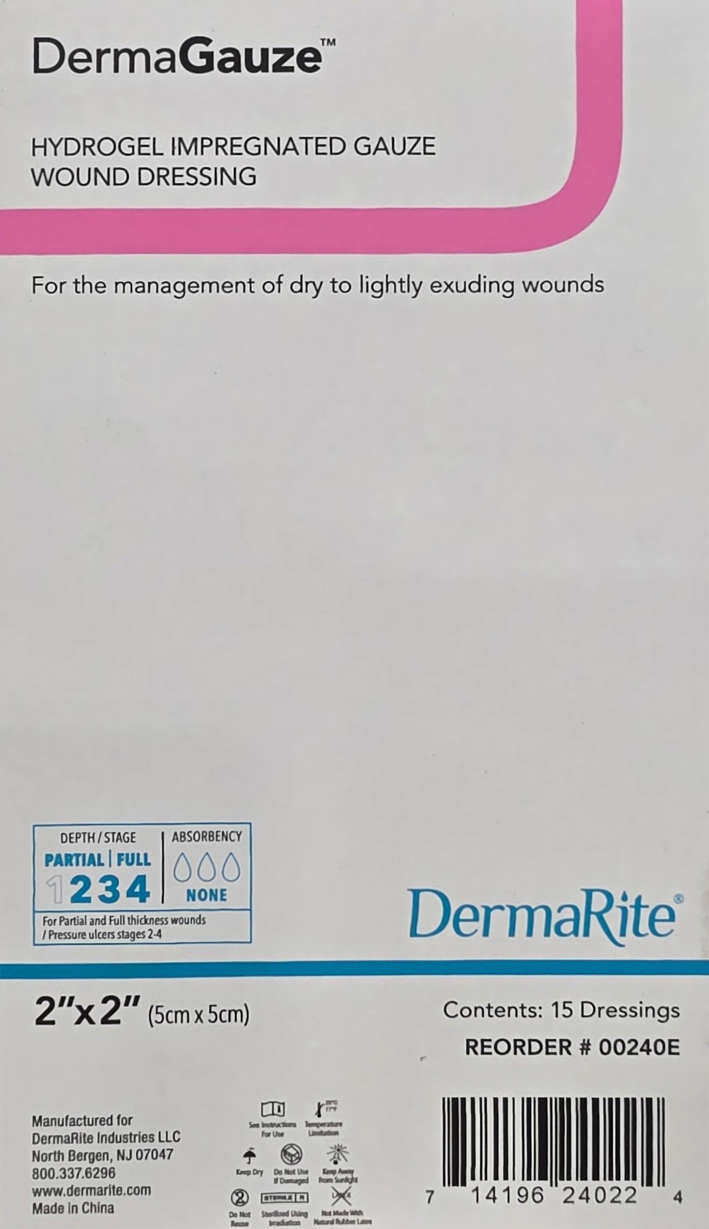 DermaGauze 00240E Hydrogel-Wundkompresse, Hydrogel/Gaze, quadratisch, imprägniert, 5,1 x 5,1 cm, 15 Stück